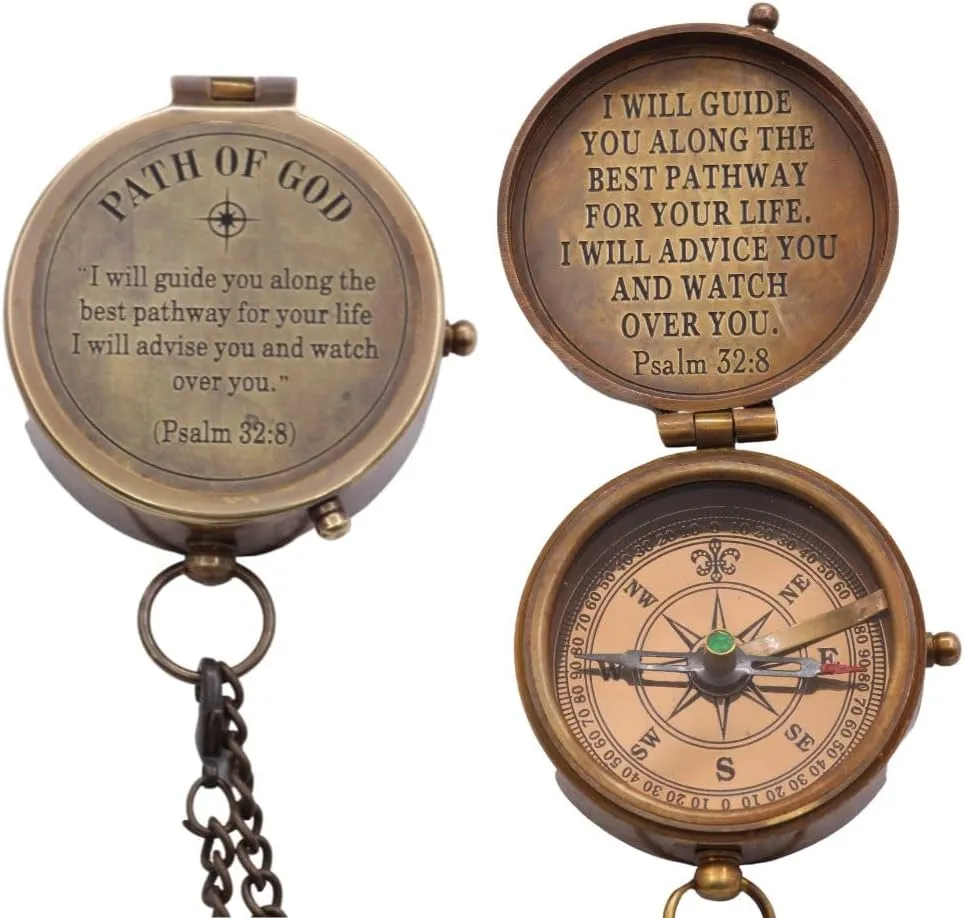 Solid Brass Handmade Path of God Compass with Brass Cross Inlaid Hardwood Storgae Case, Unique Gift for Son