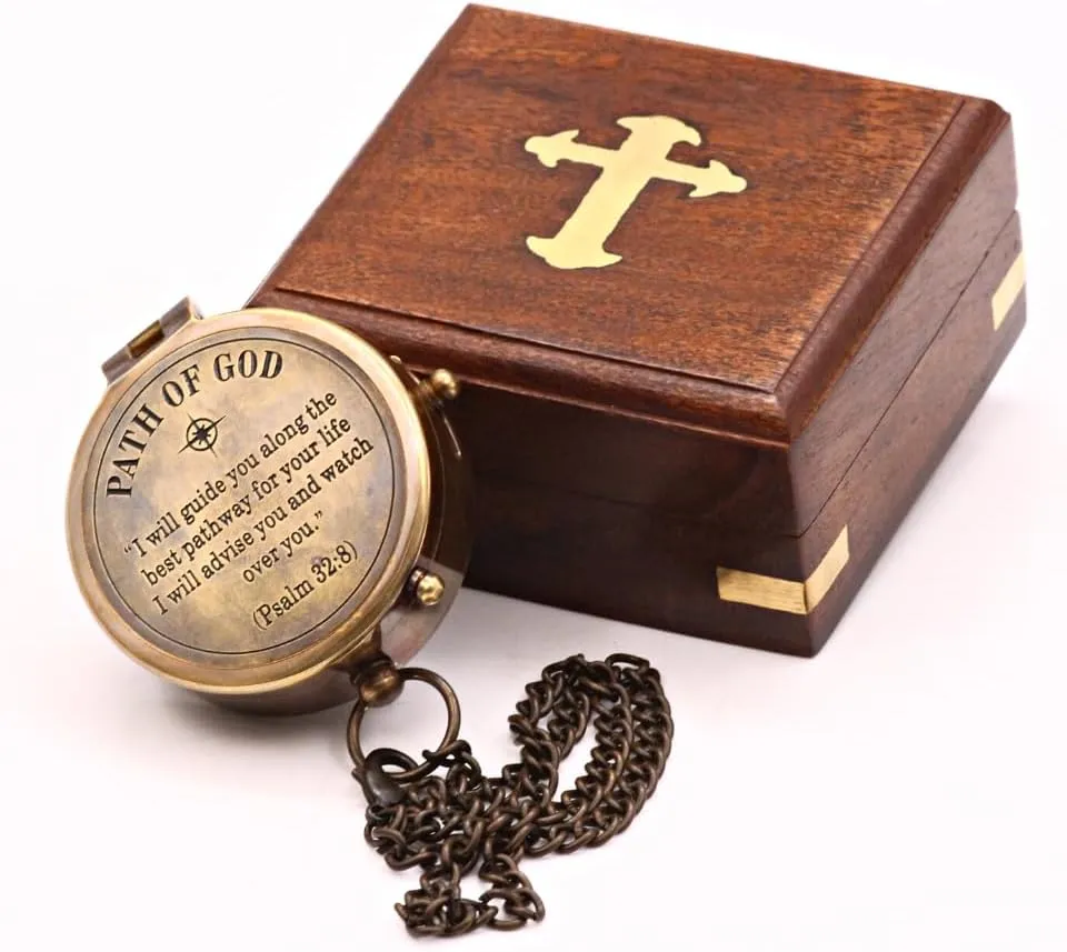Solid Brass Handmade Path of God Compass with Brass Cross Inlaid Hardwood Storgae Case, Unique Gift for Son