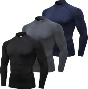SPVISE 3 Pack Men's Compression Shirts Long Sleeve Athletic Muscle Support Workout Tops for Football Undershirt Base Layer