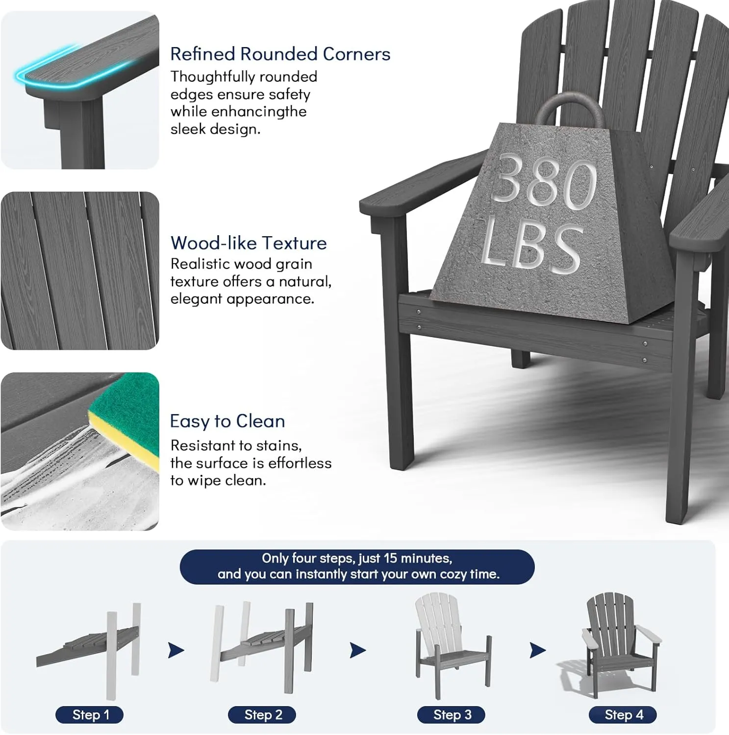 Stackable Adirondack Chair - All-Weather HDPE Outdoor Patio Chair - Durable and Space -Saving Design for Easy Storage - Ideal for Porch, Lawn, or Garden-Grey