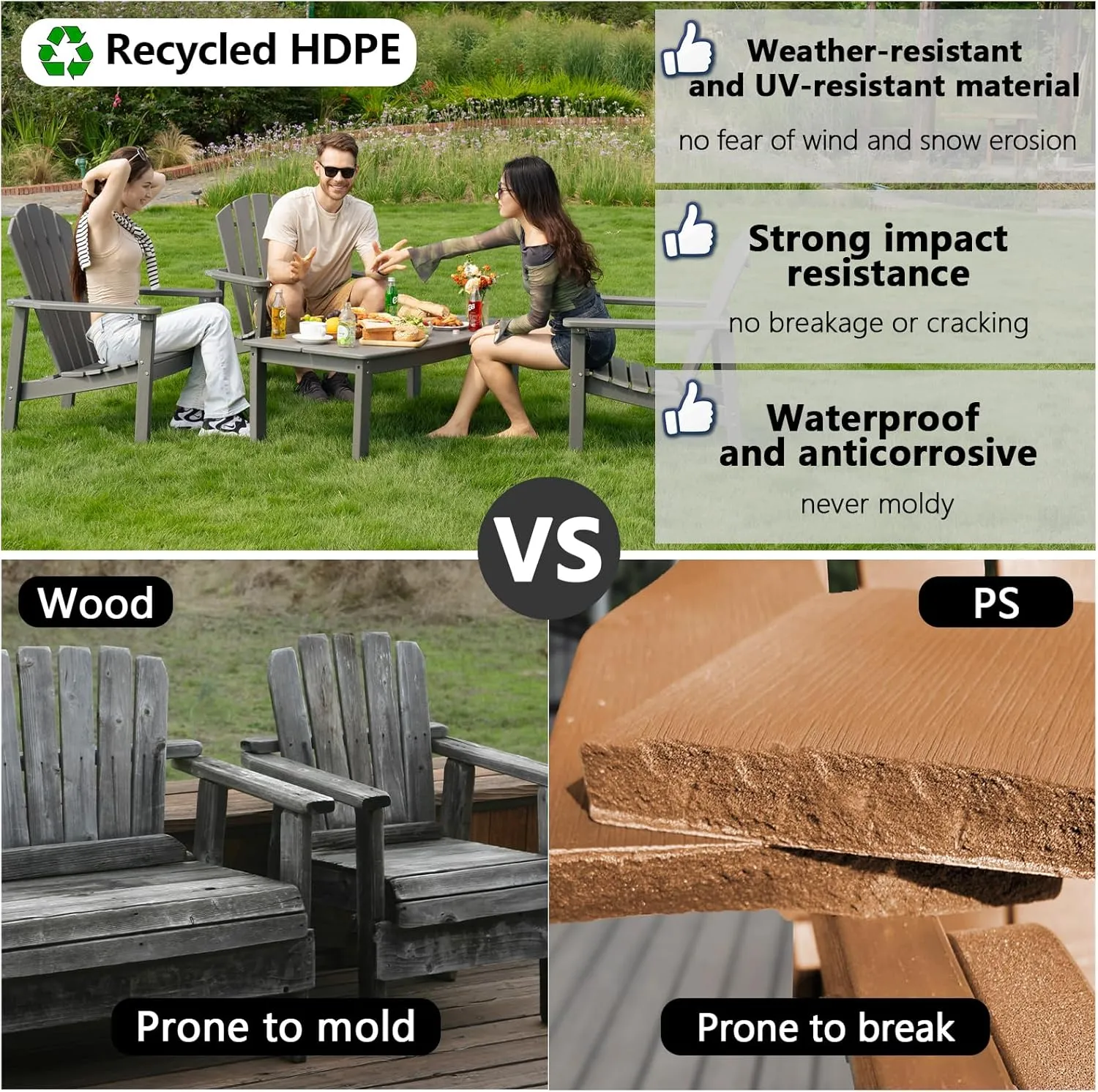 Stackable Adirondack Chair - All-Weather HDPE Outdoor Patio Chair - Durable and Space -Saving Design for Easy Storage - Ideal for Porch, Lawn, or Garden-Grey