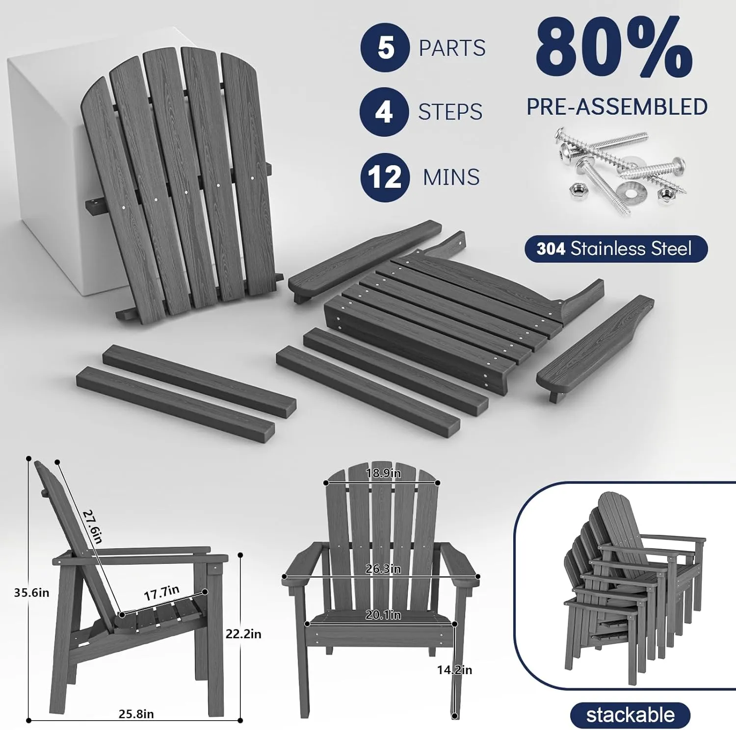 Stackable Adirondack Chair - All-Weather HDPE Outdoor Patio Chair - Durable and Space -Saving Design for Easy Storage - Ideal for Porch, Lawn, or Garden-Grey