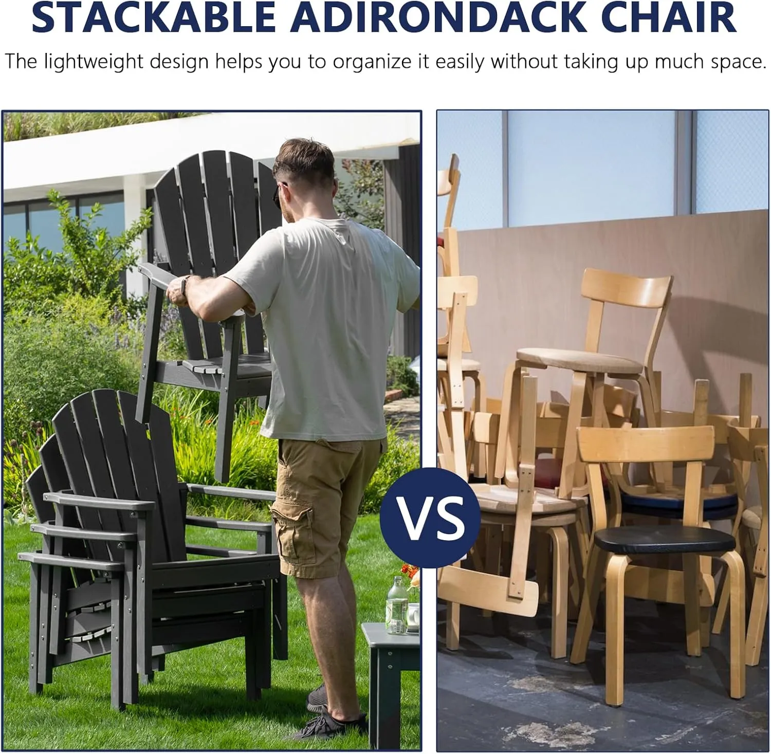 Stackable Adirondack Chair - All-Weather HDPE Outdoor Patio Chair - Durable and Space -Saving Design for Easy Storage - Ideal for Porch, Lawn, or Garden-Grey