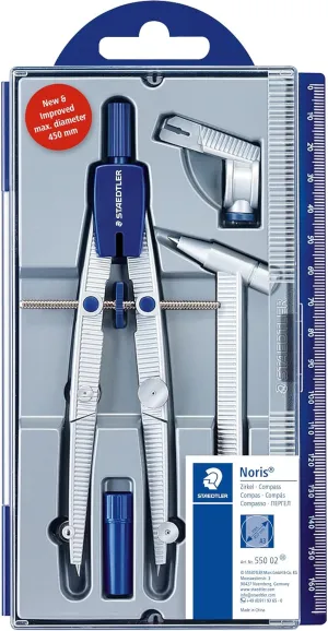Staedtler 550 02 Noris School Compass with Centre Wheel, Extension Bar, Universal Adapter and Lead Box (350 mm Diameter)