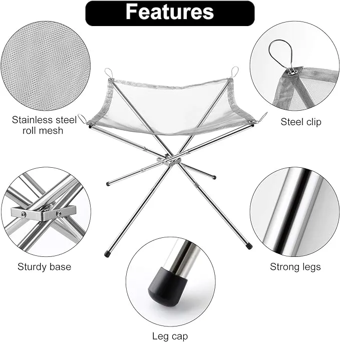 Stainless Steel Fire Pit with Carry Bag -  Folding Camping Fire Stand Rack for Outdoor Cooking, Picnic, Garden