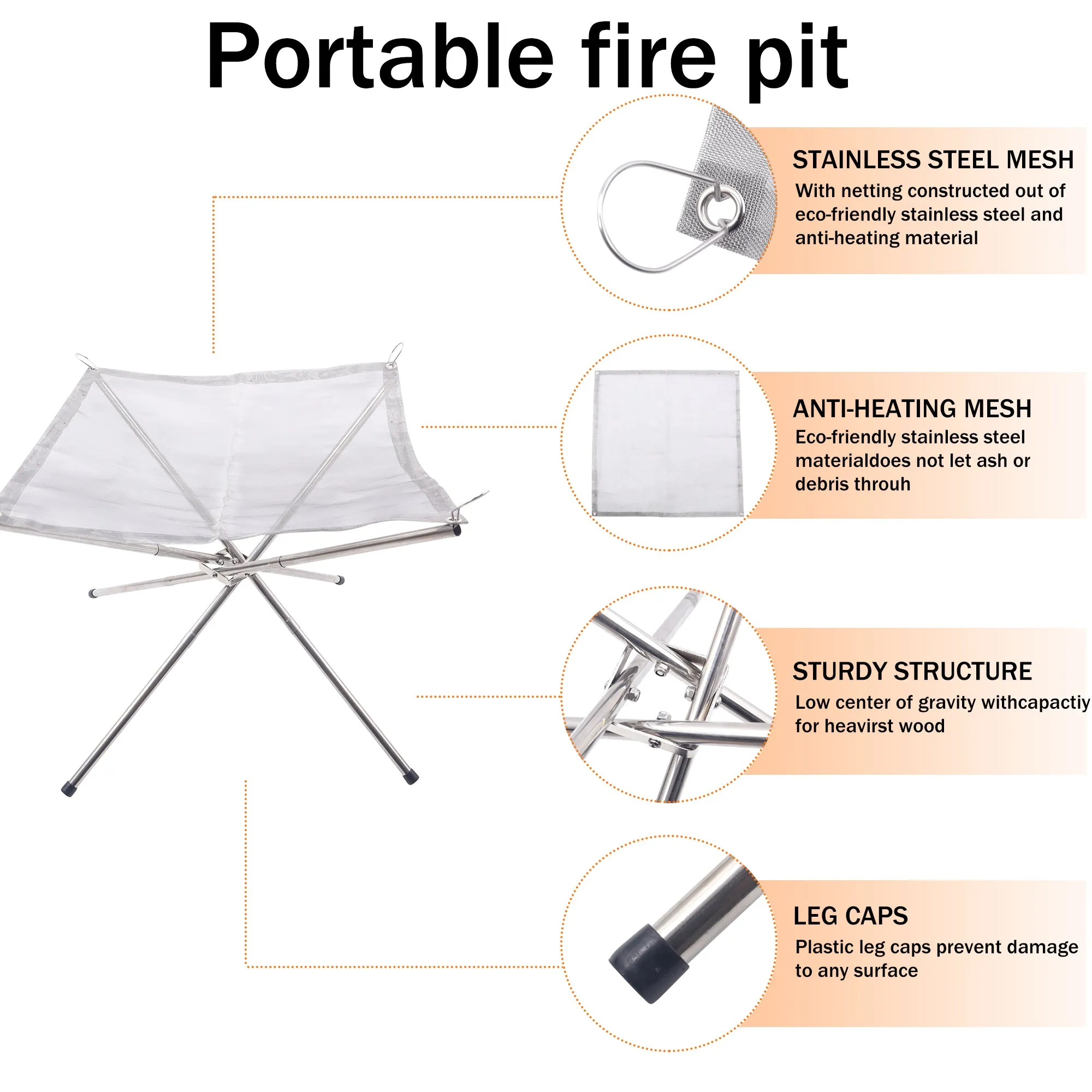 Stainless Steel Fire Pit with Carry Bag -  Folding Camping Fire Stand Rack for Outdoor Cooking, Picnic, Garden