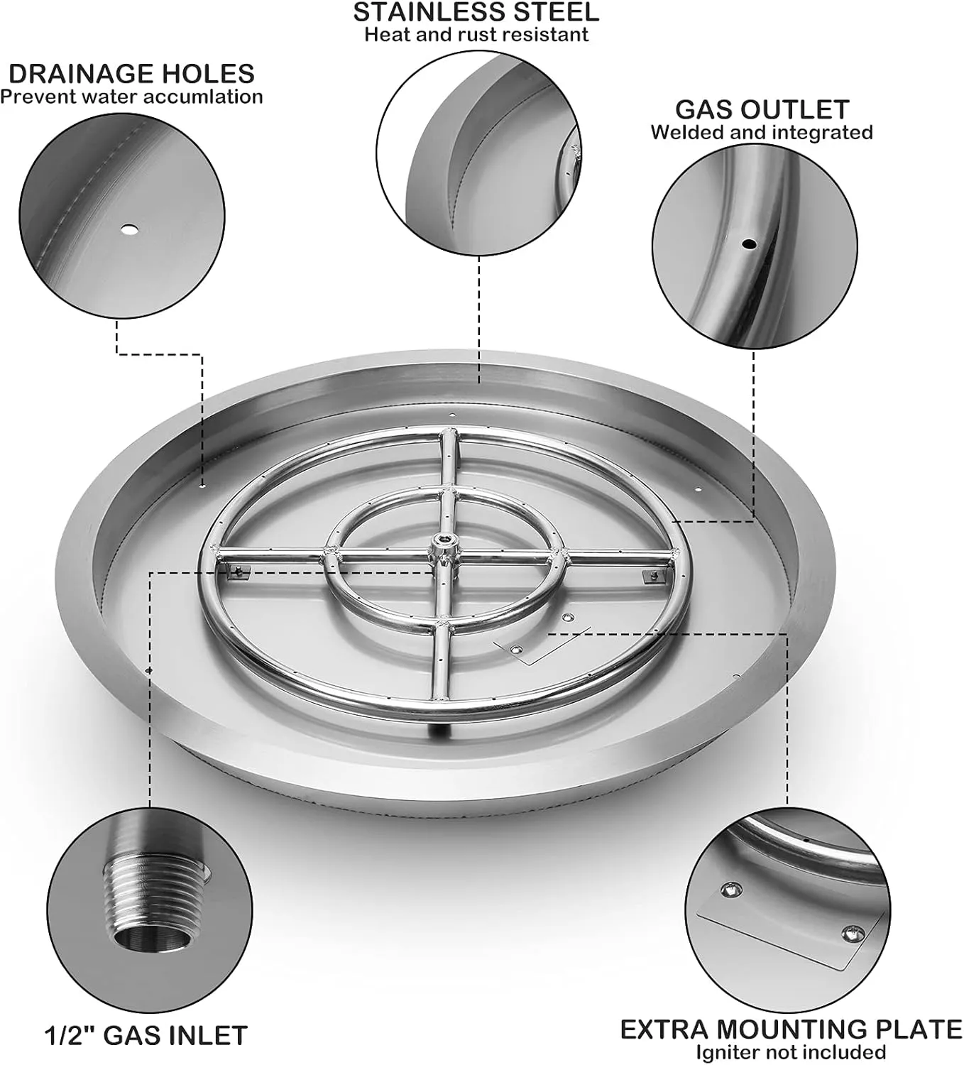 Stanbroil 19 Inch Round Fire Pit Ring Burner, Drop in Firepit Pan Inserted - 304 Stainless Steel Propane Gas DIY Fire Pit for Patio, BTU 92,000 Max