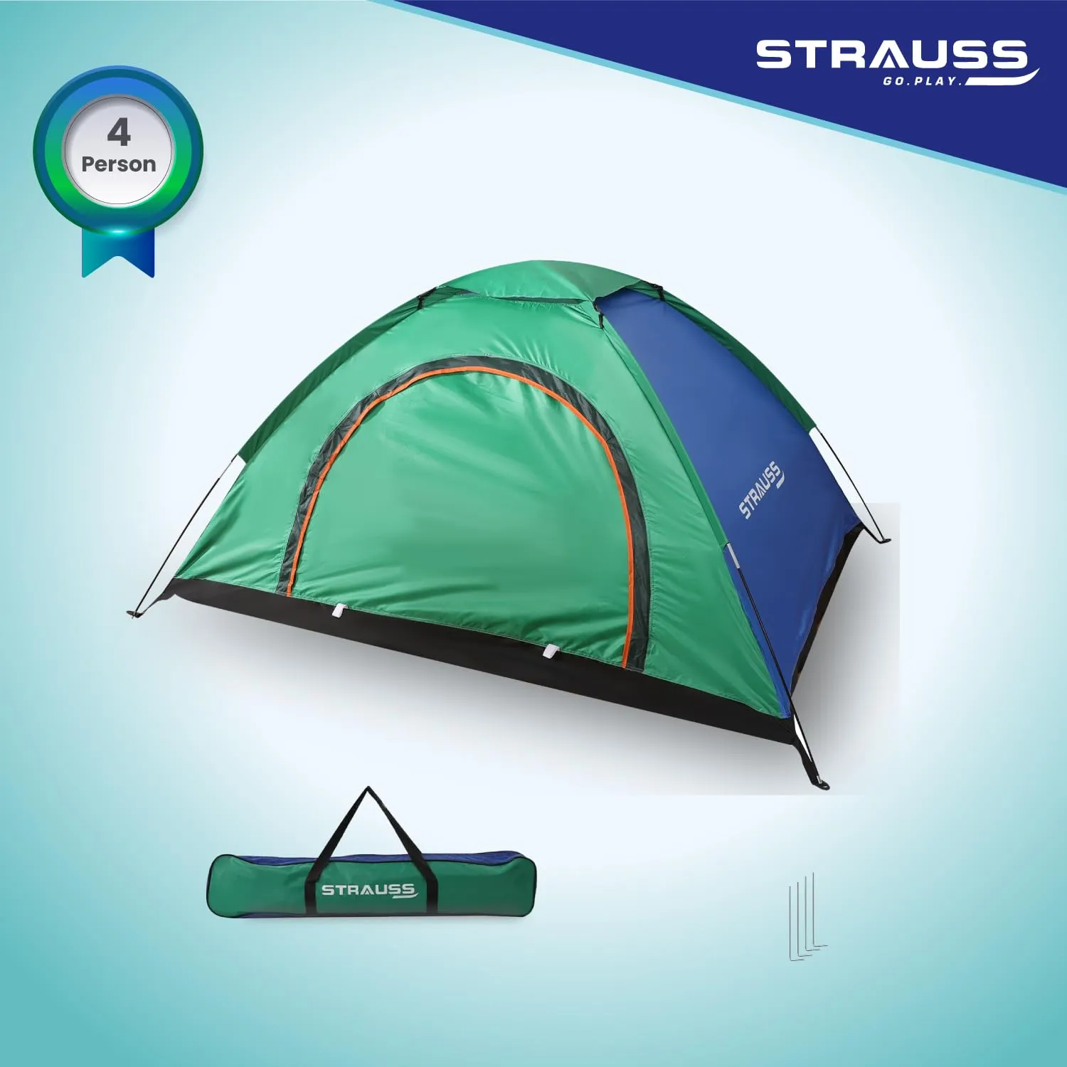 STRAUSS Portable Tent for Camping - 4 Person | Waterproof | Easy Setup | Blue/Green