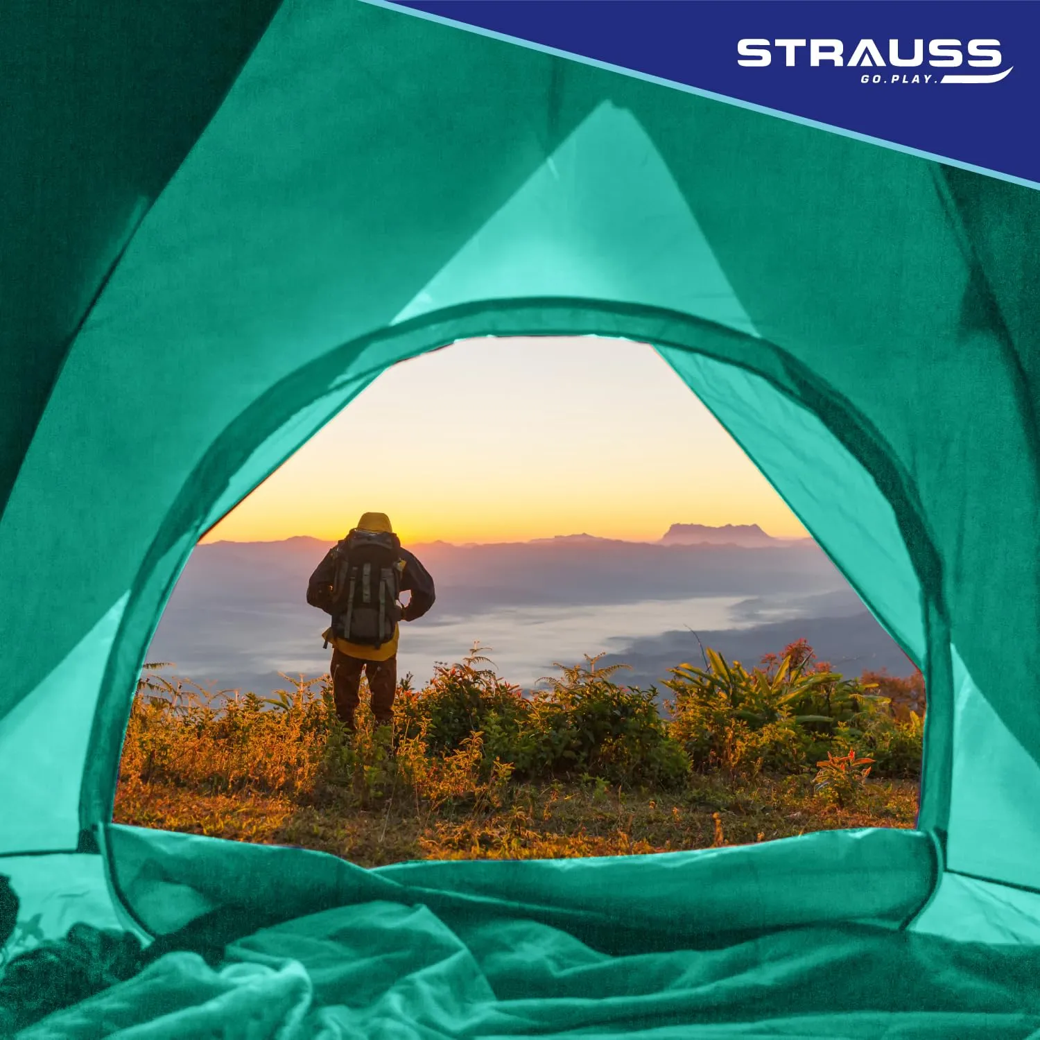 STRAUSS Portable Tent for Camping - 4 Person | Waterproof | Easy Setup | Blue/Green