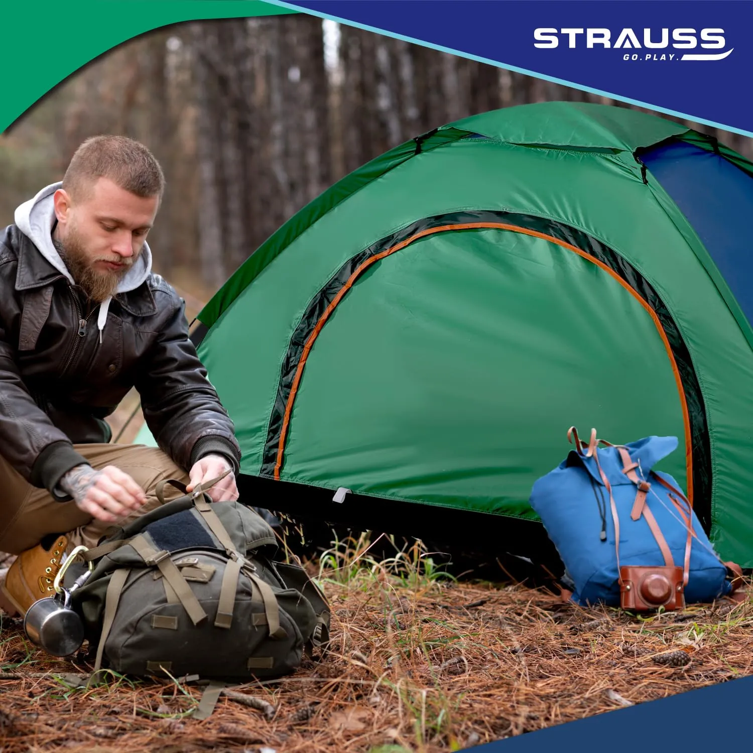 STRAUSS Portable Tent for Camping - 4 Person | Waterproof | Easy Setup | Blue/Green