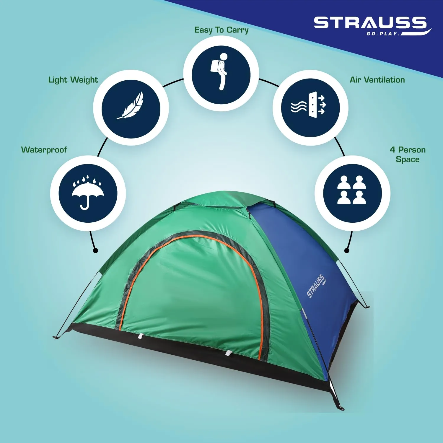 STRAUSS Portable Tent for Camping - 4 Person | Waterproof | Easy Setup | Blue/Green