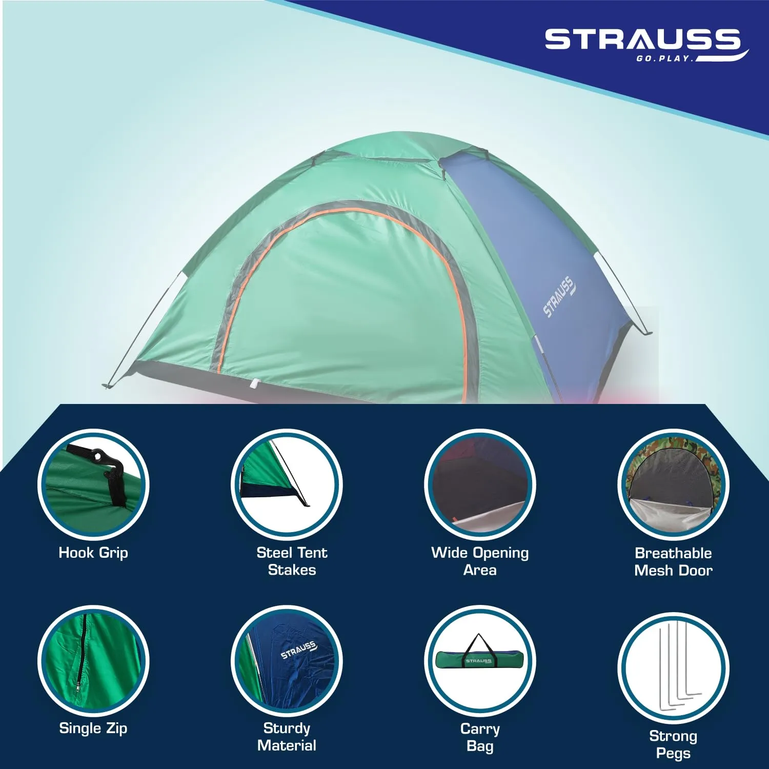 STRAUSS Portable Tent for Camping - 4 Person | Waterproof | Easy Setup | Blue/Green