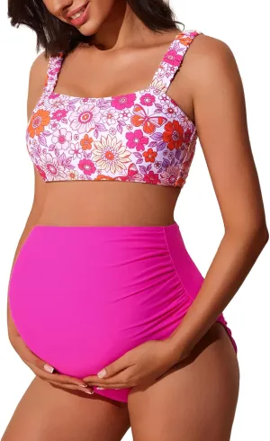 Summer Mae Ribbed Maternity Bikini Swimsuit for Women High Waisted Two-Piece Bathing Suit Crop Top Pregnancy Swimwear