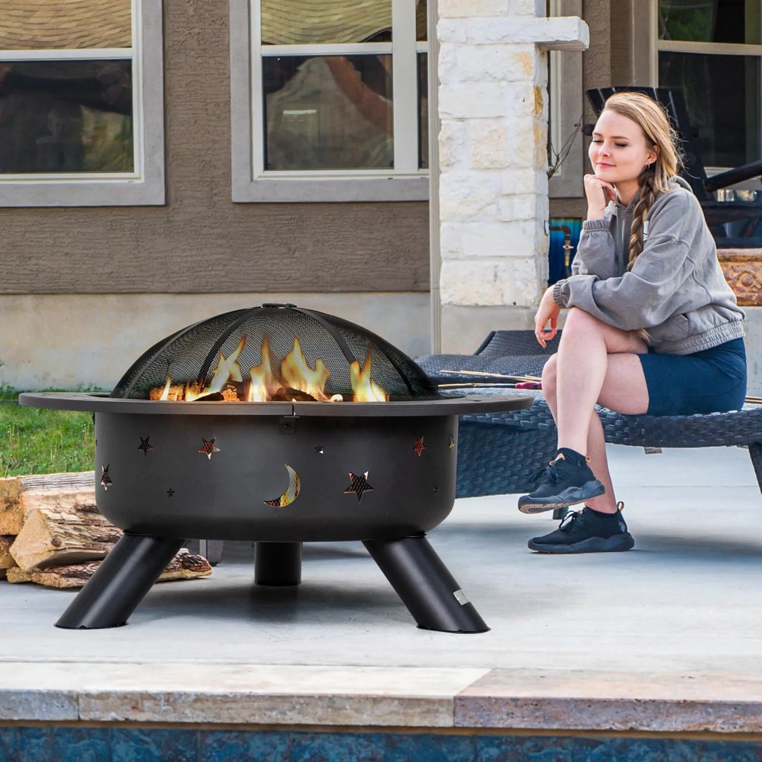 SUNCREAT 42" Extra Large Bonfire Fire Pit, Steel Round Fire Pit Table for Backyard, Garden, Outside, Star Pattern