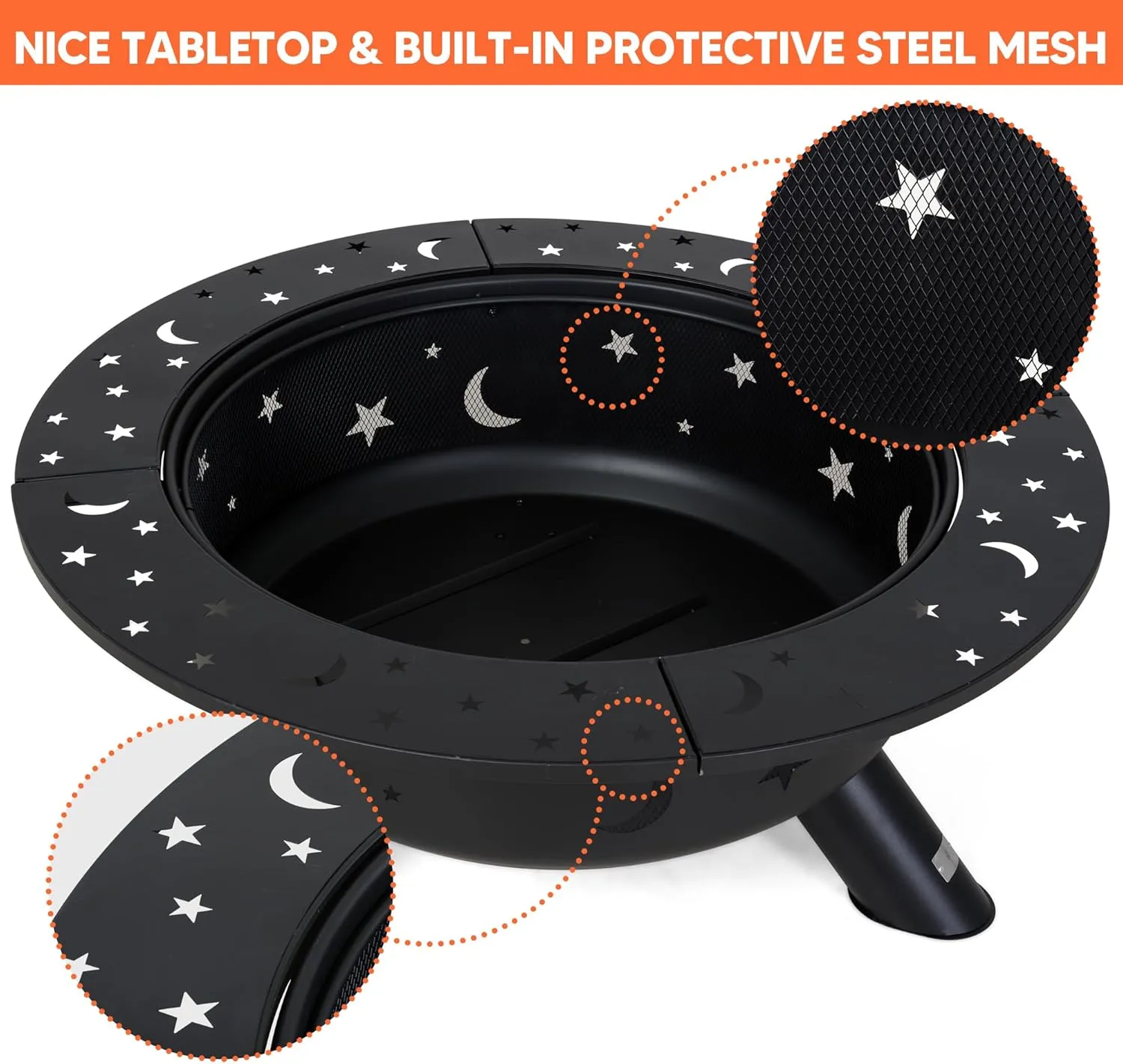 SUNCREAT 42" Extra Large Bonfire Fire Pit, Steel Round Fire Pit Table for Backyard, Garden, Outside, Star Pattern