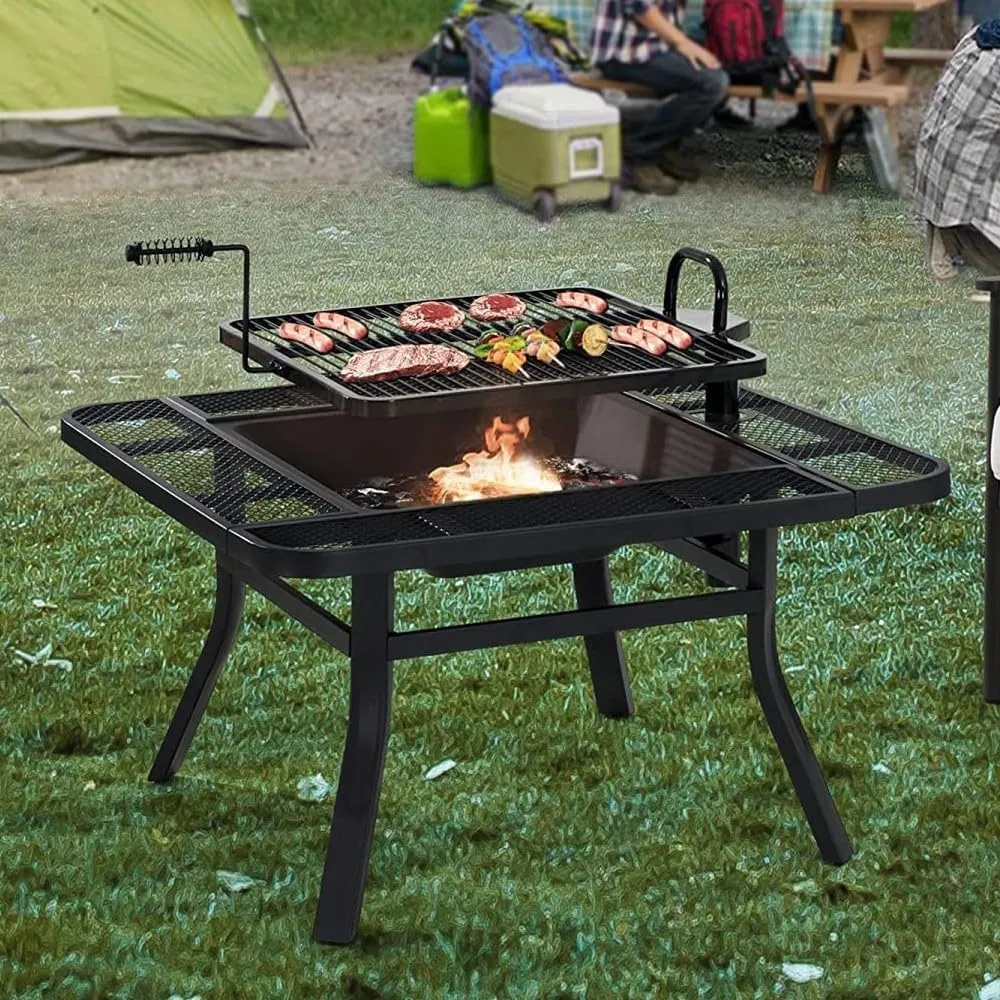 Sunjoy 38 in. Fire Pit for Outside, Square Wood Burning Firepit Large Steel Fire Pits with Adjustable Cooking Swivel BBQ Grill and Fire Poker Black