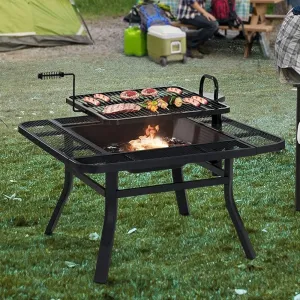 Sunjoy 38 in. Fire Pit for Outside, Square Wood Burning Firepit Large Steel Fire Pits with Adjustable Cooking Swivel BBQ Grill and Fire Poker Black