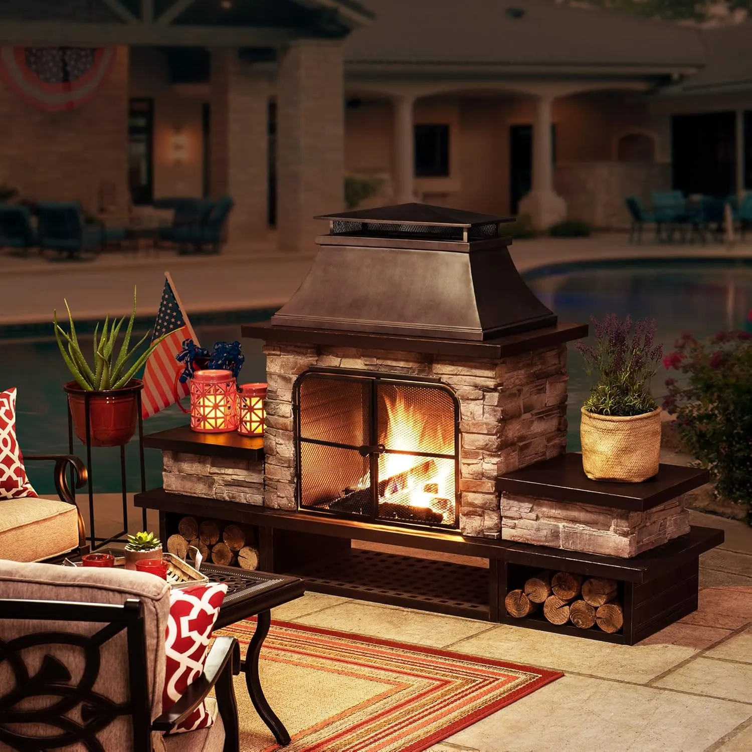 Sunjoy Outdoor Fireplace, Patio Wood Burning Fireplace with Steel Chimney, Mesh Spark Screen Doors, Fire Poker, and Removable Grate, Black