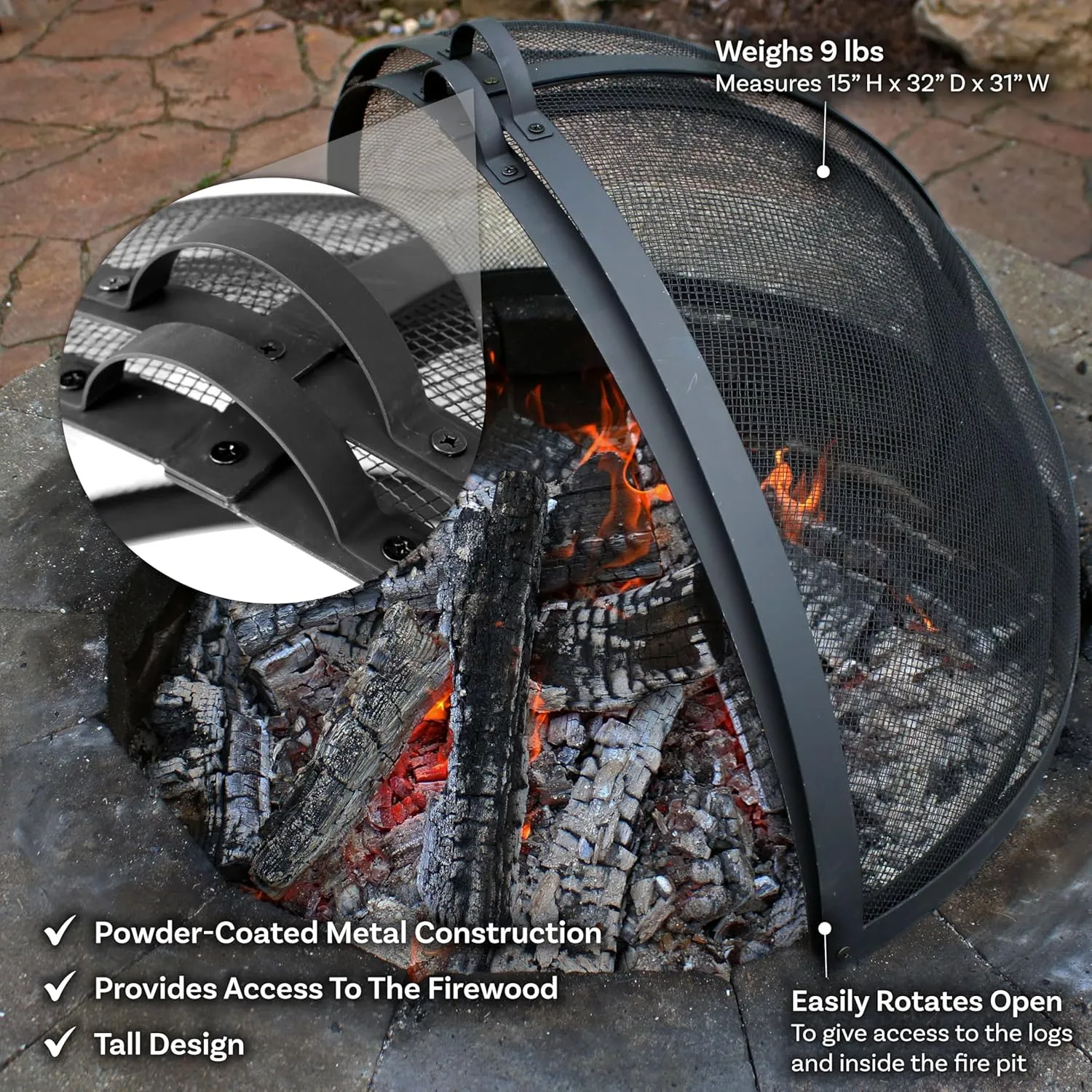 Sunnydaze Fire Pit Screen - Round Fire Pit Spark Screen - Heavy-Duty Steel Mesh Metal Cover with Handle - Fire Pit Screen Cover with Door - 32 Inch Diameter
