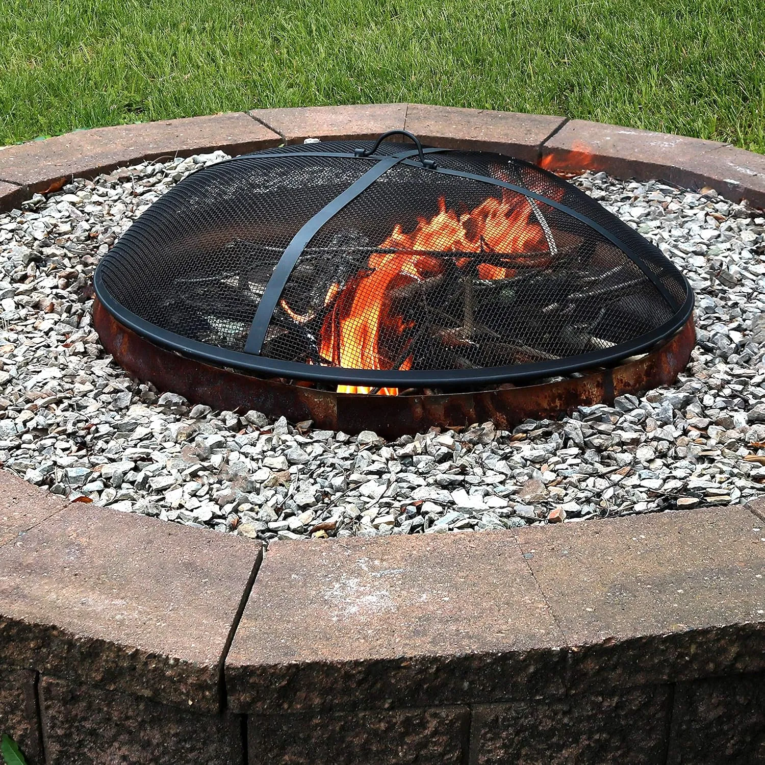 Sunnydaze Heavy-Duty Steel Mesh Fire Pit Screen - Fire Pit Spark Screen with Handle - 36-Inch Diameter