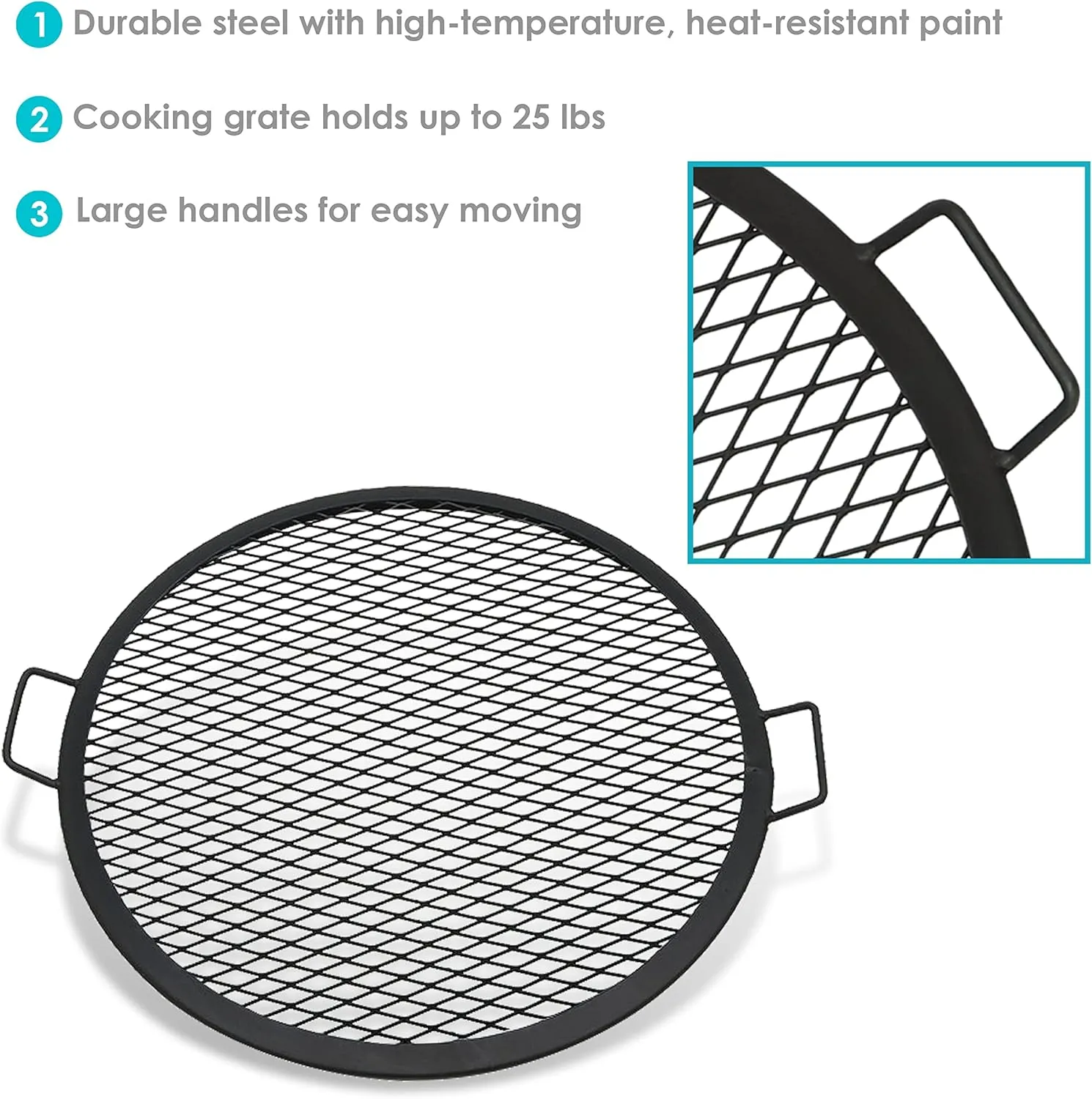 Sunnydaze X-Marks Fire Pit Cooking Grate - Outdoor Round Black Steel BBQ Campfire Grill with Handles - 24-Inch