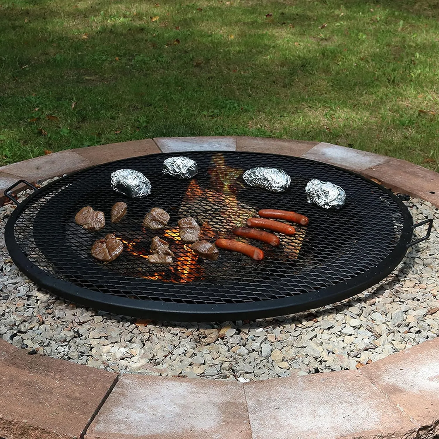 Sunnydaze X-Marks Fire Pit Cooking Grate - Outdoor Round Black Steel BBQ Campfire Grill with Handles - 24-Inch
