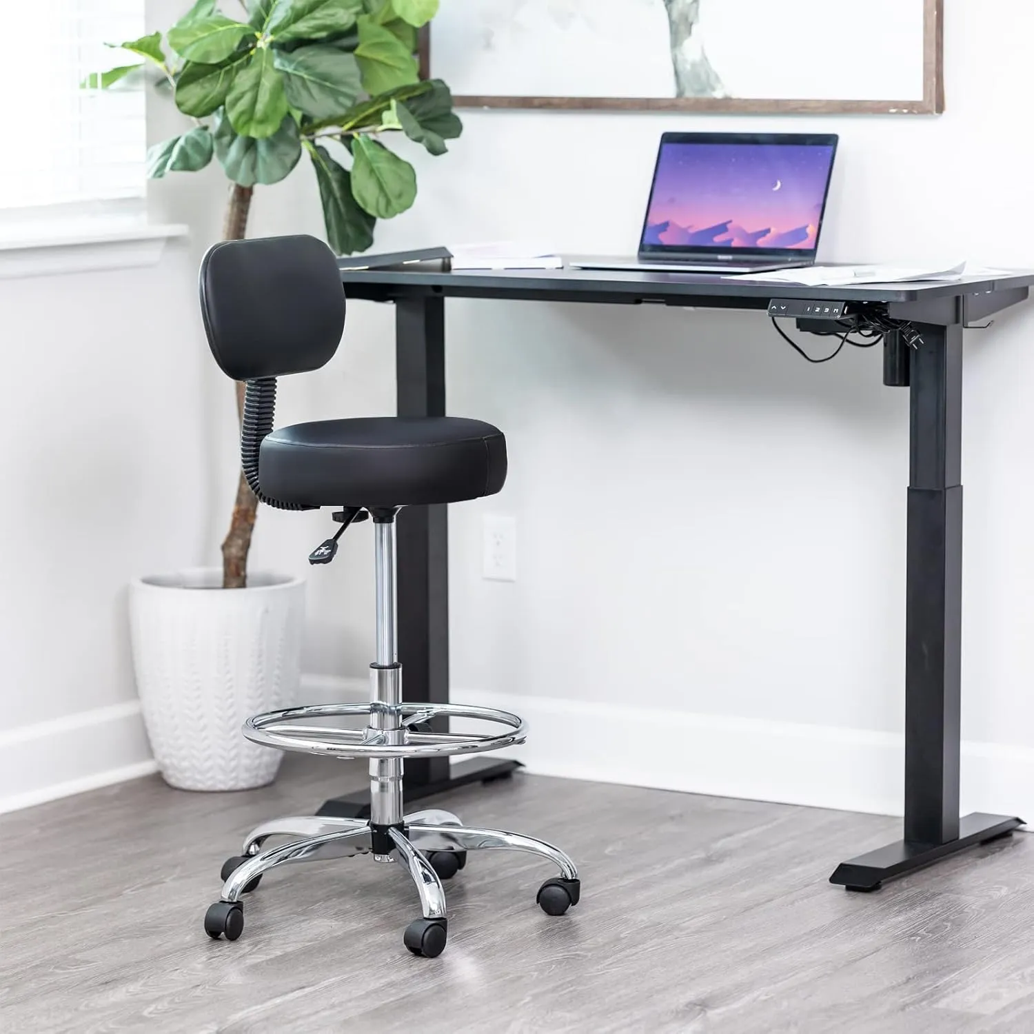 SUPERJARE Drafting Chair with Back, Adjustable Foot Rest Rolling Stool, Multi-Purpose Office Desk Chair, Thick Seat Cushion for Home Bar Kitchen Shop - Black