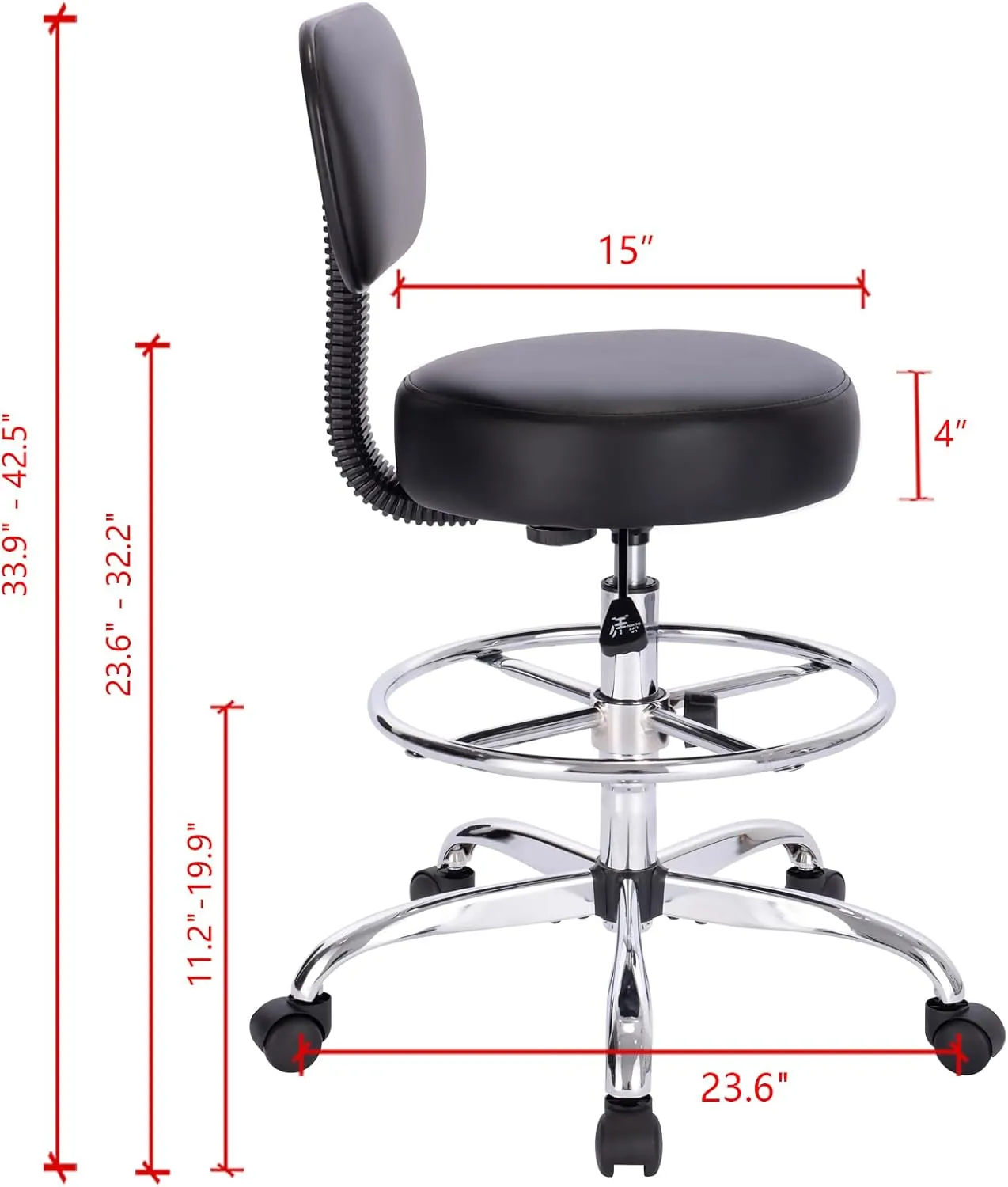 SUPERJARE Drafting Chair with Back, Adjustable Foot Rest Rolling Stool, Multi-Purpose Office Desk Chair, Thick Seat Cushion for Home Bar Kitchen Shop - Black