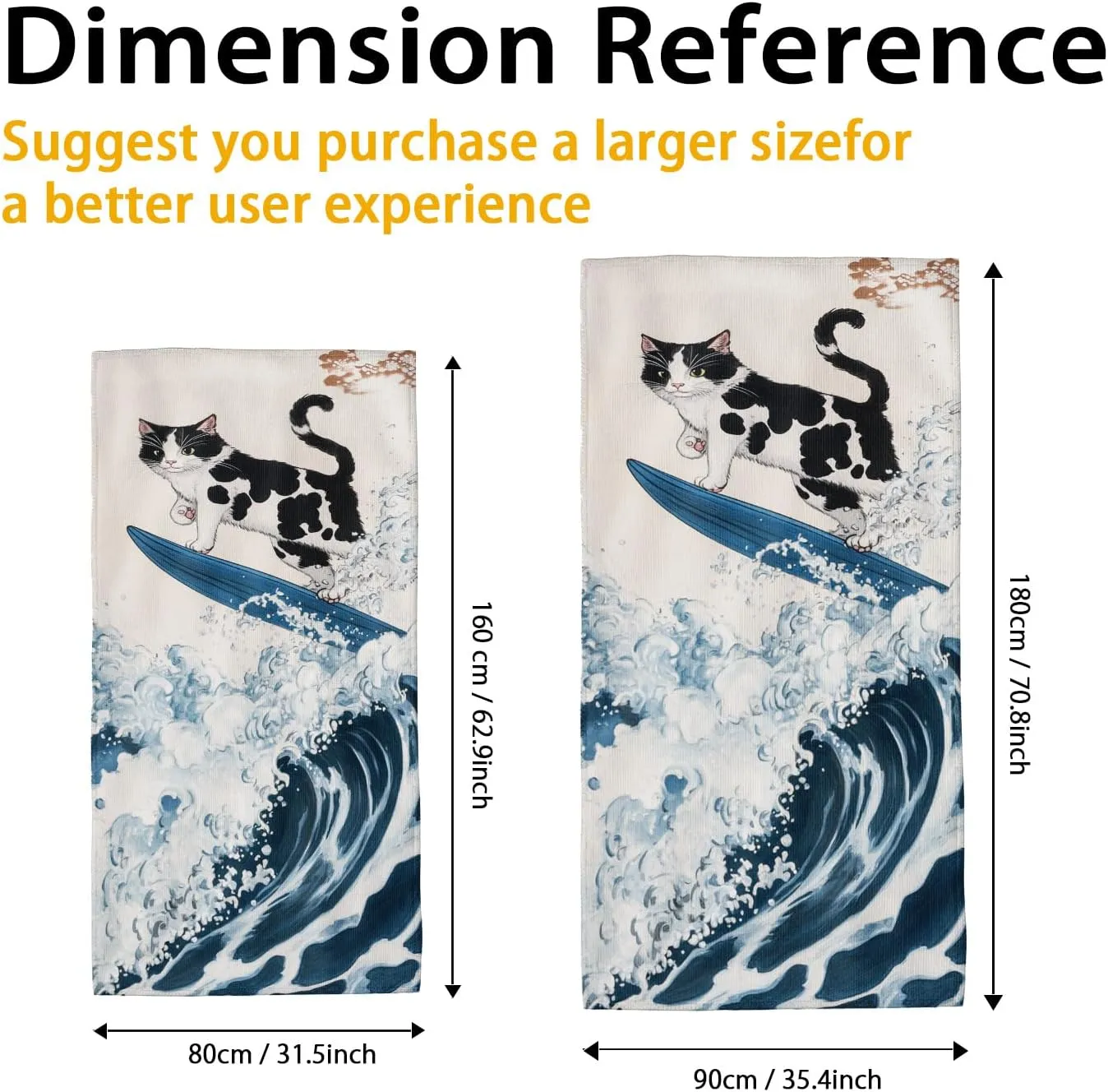 Surfing Cat Microfiber Beach Towel Vintage Cartoon Design, Quick Dry Sand Free Bath Towel, Lightweight Travel Picnic Essentials for Pool Camping Outdoor 62x31 Inch