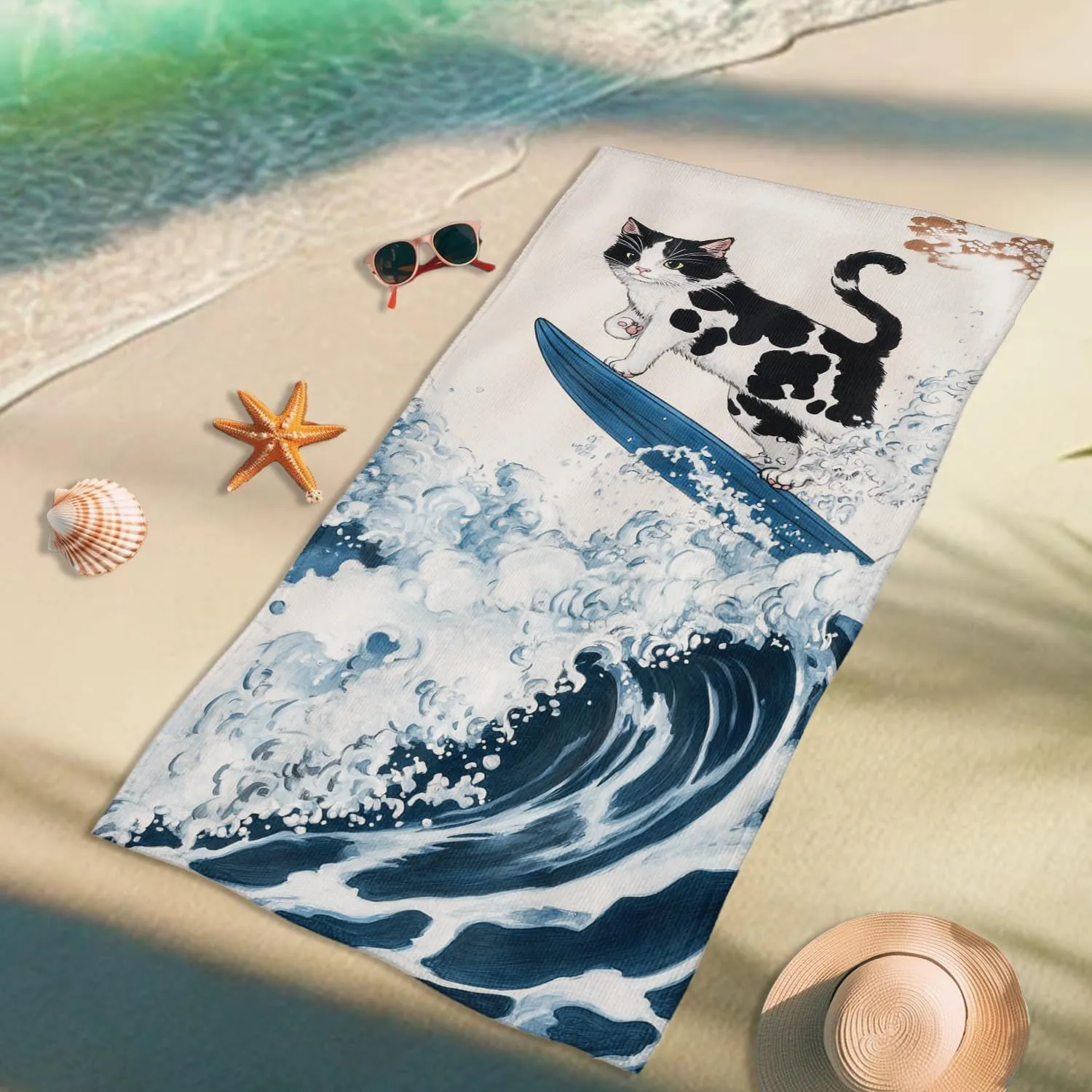 Surfing Cat Microfiber Beach Towel Vintage Cartoon Design, Quick Dry Sand Free Bath Towel, Lightweight Travel Picnic Essentials for Pool Camping Outdoor 62x31 Inch