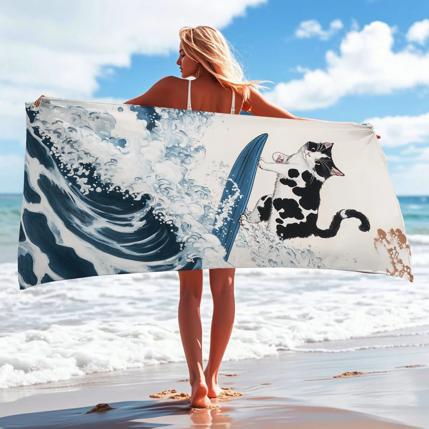 Surfing Cat Microfiber Beach Towel Vintage Cartoon Design, Quick Dry Sand Free Bath Towel, Lightweight Travel Picnic Essentials for Pool Camping Outdoor 62x31 Inch