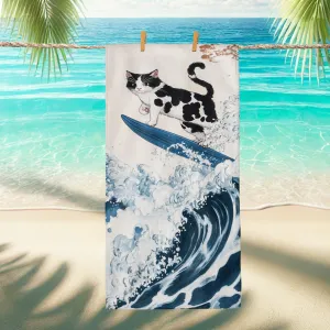 Surfing Cat Microfiber Beach Towel Vintage Cartoon Design, Quick Dry Sand Free Bath Towel, Lightweight Travel Picnic Essentials for Pool Camping Outdoor 62x31 Inch