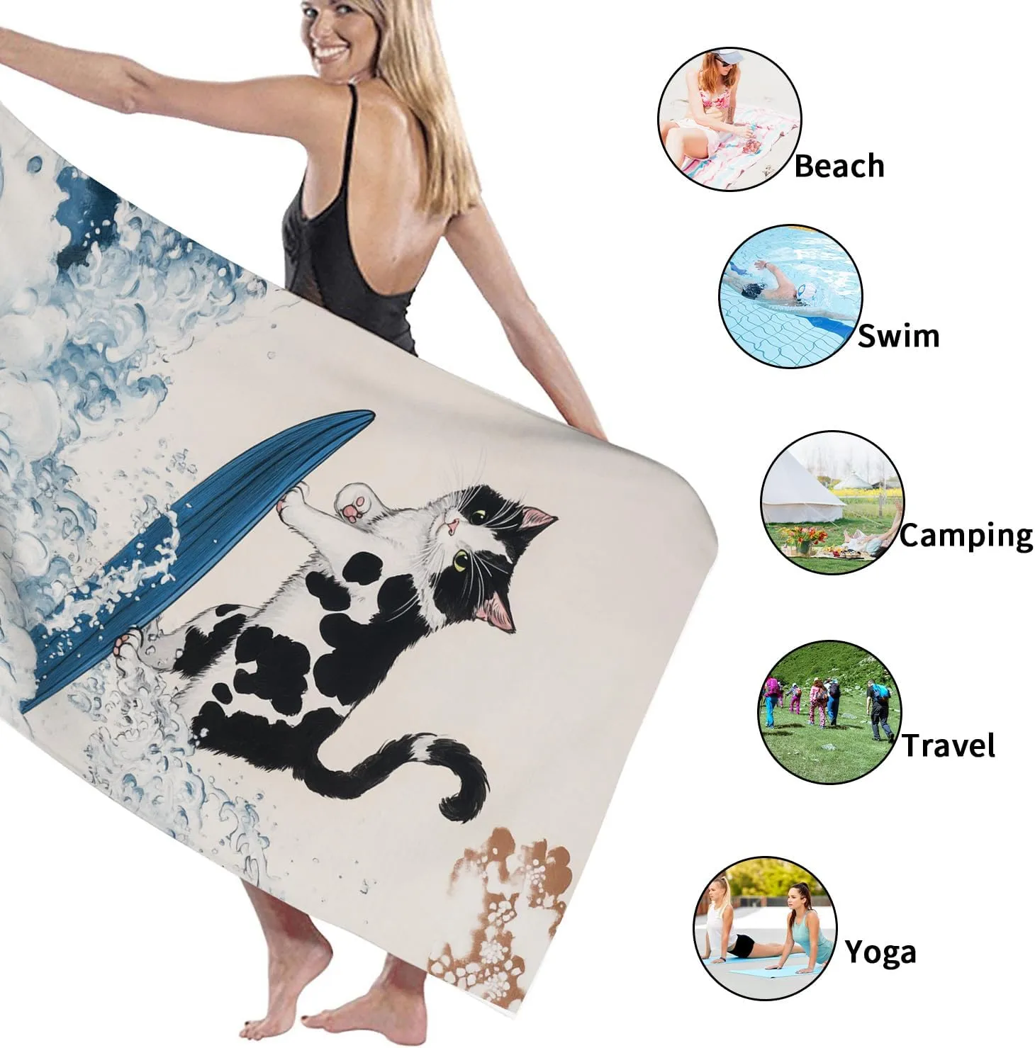 Surfing Cat Microfiber Beach Towel Vintage Cartoon Design, Quick Dry Sand Free Bath Towel, Lightweight Travel Picnic Essentials for Pool Camping Outdoor 62x31 Inch