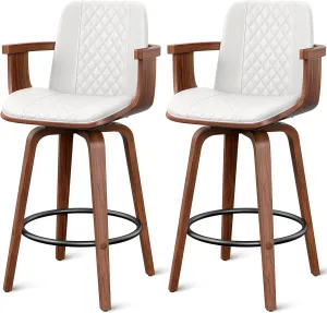 Swivel Bar Stools Set of 2, 26 inch Bentwood Counter Height Bar Stools with Arms and Back, Modern Upholstered PU Leather Bar Chairs with Wood Legs for Kitchen Island, White