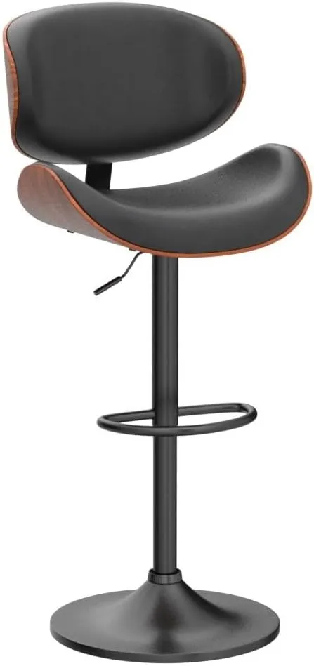 Swivel Bar Stools Set of 2 for Kitchen Counter, Adjustable Bentwood Barstools, Modern PU Leather Upholstered Bar Chair with Back and Footrest, for Bar, Kitchen, Dining Room, Black