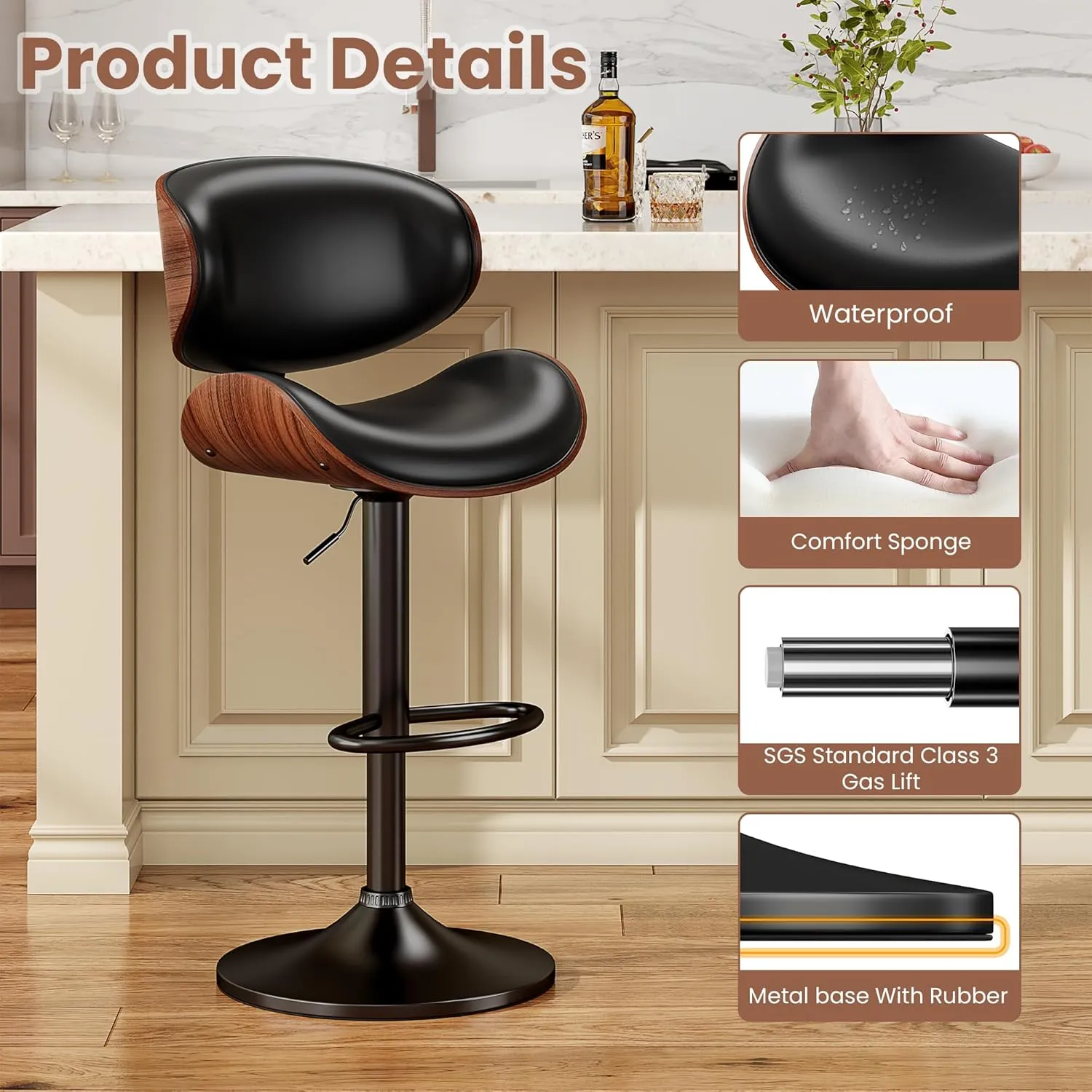Swivel Bar Stools Set of 2 for Kitchen Counter, Adjustable Bentwood Barstools, Modern PU Leather Upholstered Bar Chair with Back and Footrest, for Bar, Kitchen, Dining Room, Black