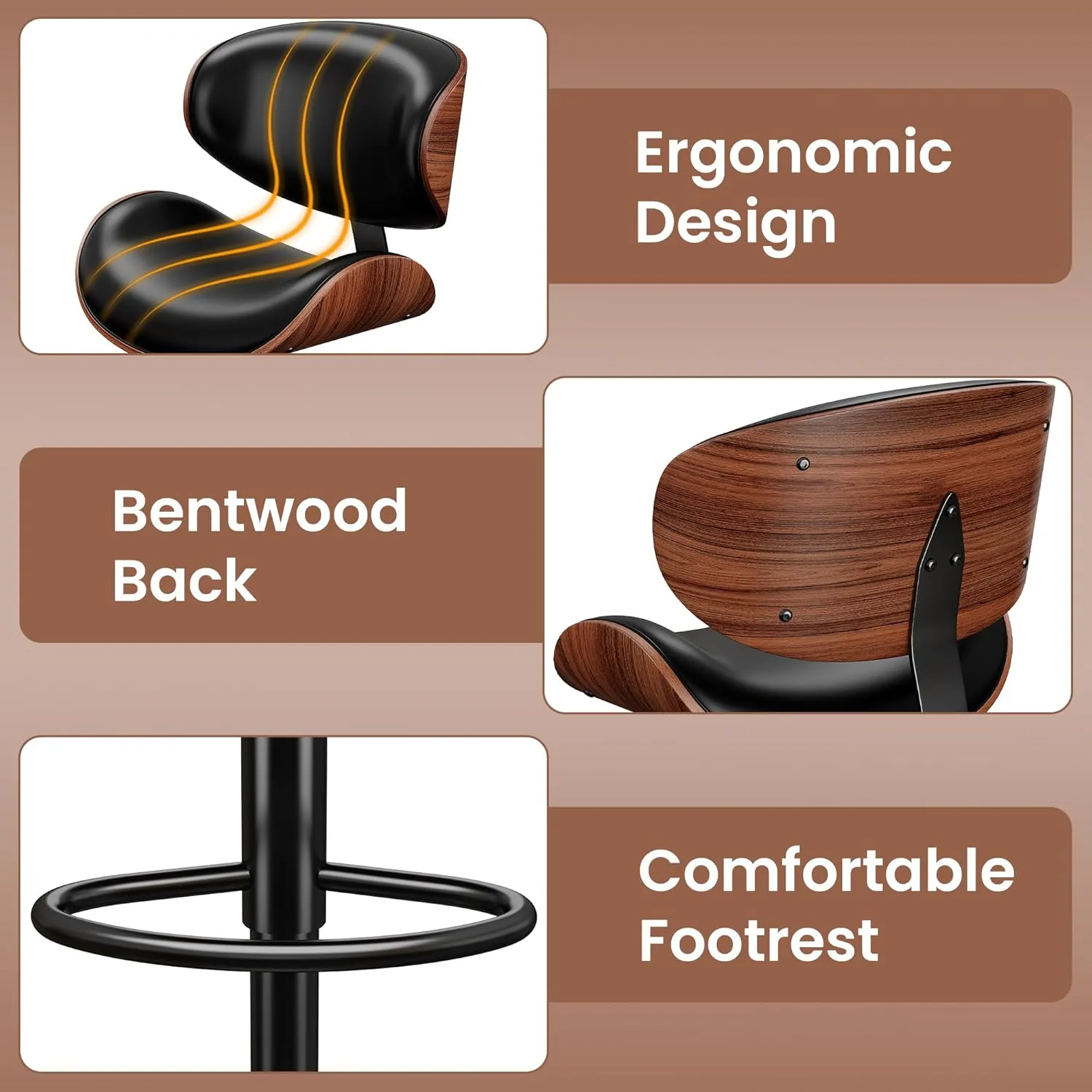 Swivel Bar Stools Set of 2 for Kitchen Counter, Adjustable Bentwood Barstools, Modern PU Leather Upholstered Bar Chair with Back and Footrest, for Bar, Kitchen, Dining Room, Black