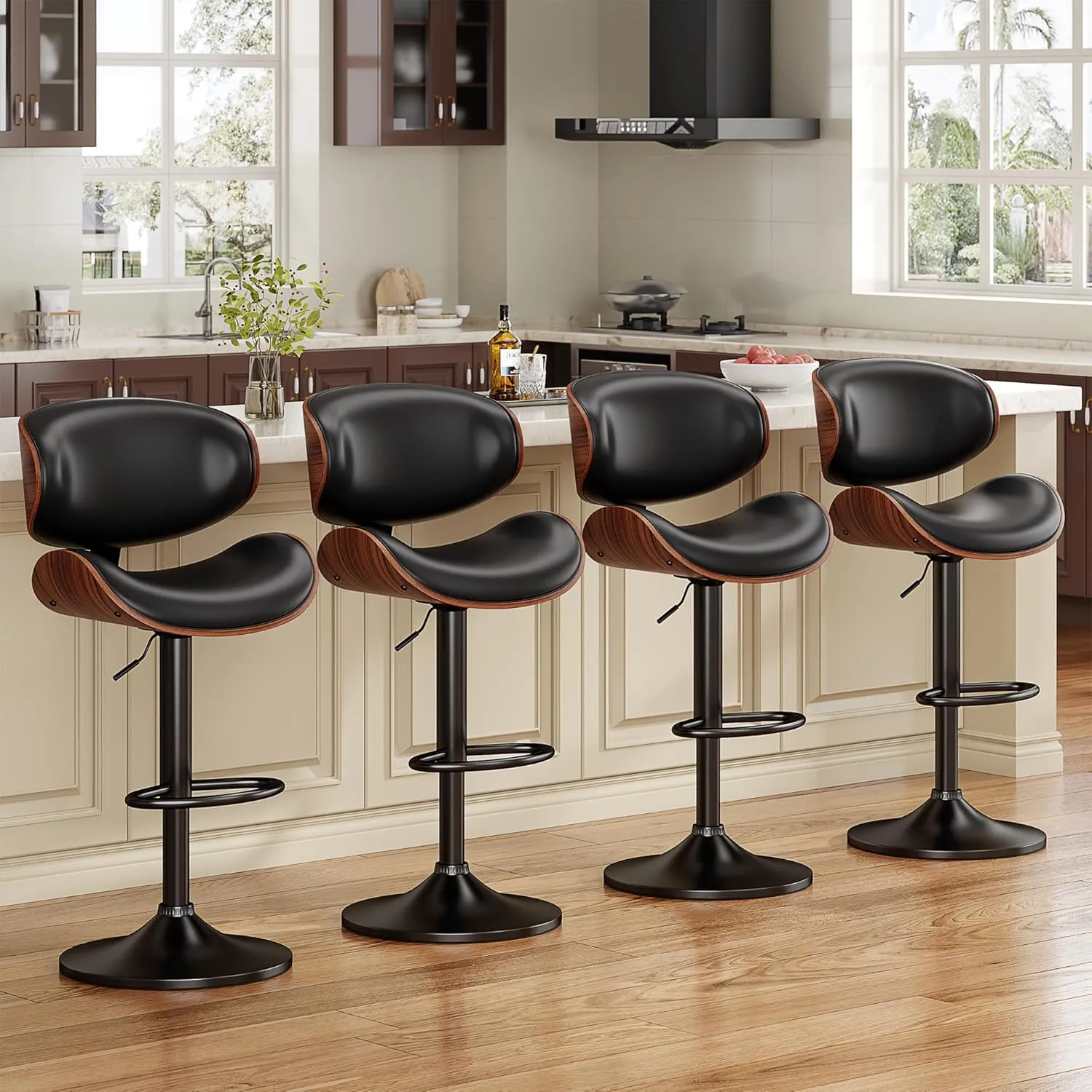 Swivel Bar Stools Set of 2 for Kitchen Counter, Adjustable Bentwood Barstools, Modern PU Leather Upholstered Bar Chair with Back and Footrest, for Bar, Kitchen, Dining Room, Black