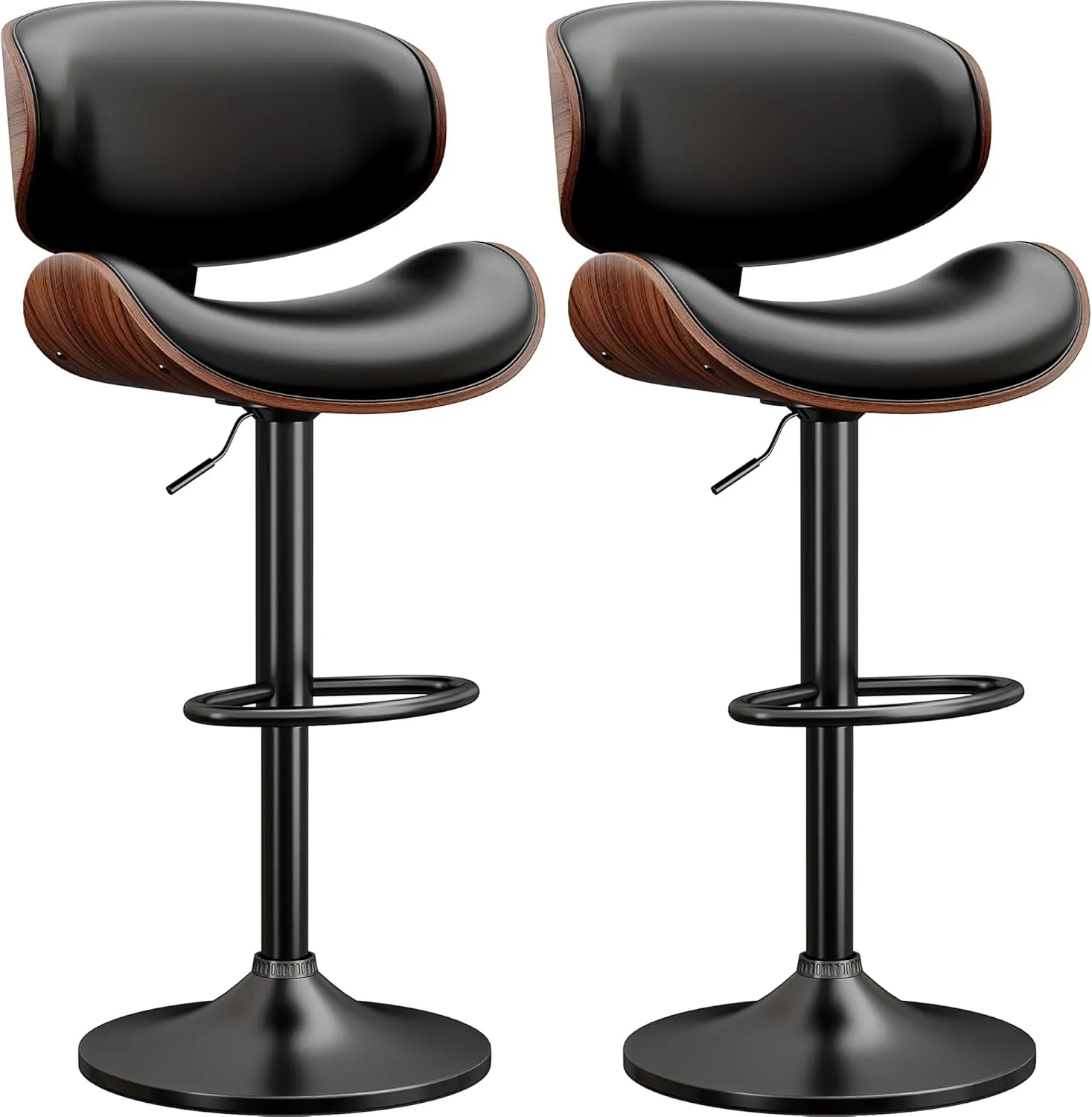 Swivel Bar Stools Set of 2 for Kitchen Counter, Adjustable Bentwood Barstools, Modern PU Leather Upholstered Bar Chair with Back and Footrest, for Bar, Kitchen, Dining Room, Black