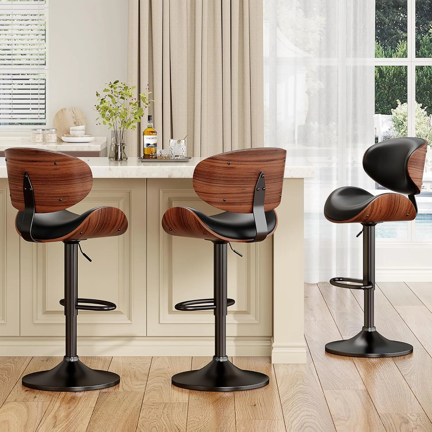 Swivel Bar Stools Set of 2 for Kitchen Counter, Adjustable Bentwood Barstools, Modern PU Leather Upholstered Bar Chair with Back and Footrest, for Bar, Kitchen, Dining Room, Black