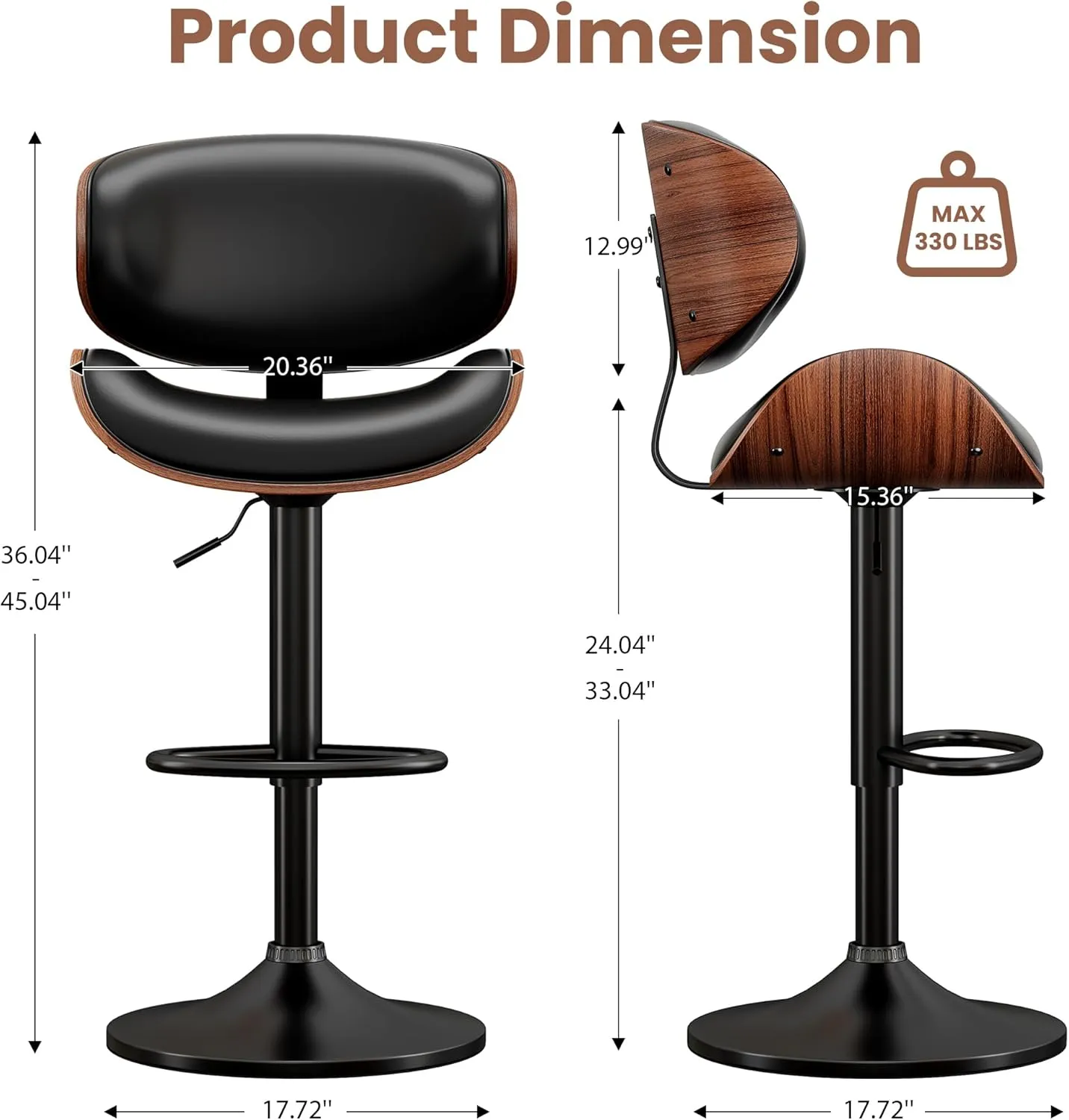 Swivel Bar Stools Set of 2 for Kitchen Counter, Adjustable Bentwood Barstools, Modern PU Leather Upholstered Bar Chair with Back and Footrest, for Bar, Kitchen, Dining Room, Black