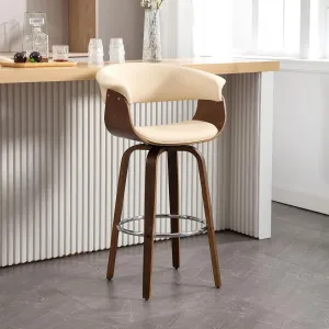 Swivel Bar Stools with Walnut Bentwood Legs, 29 Inch Bar Height, Upholstered PU Leather Barstools with Backs, Mid-Century Modern Kitchen Island Dining Bar Stool Chairs, Cream White