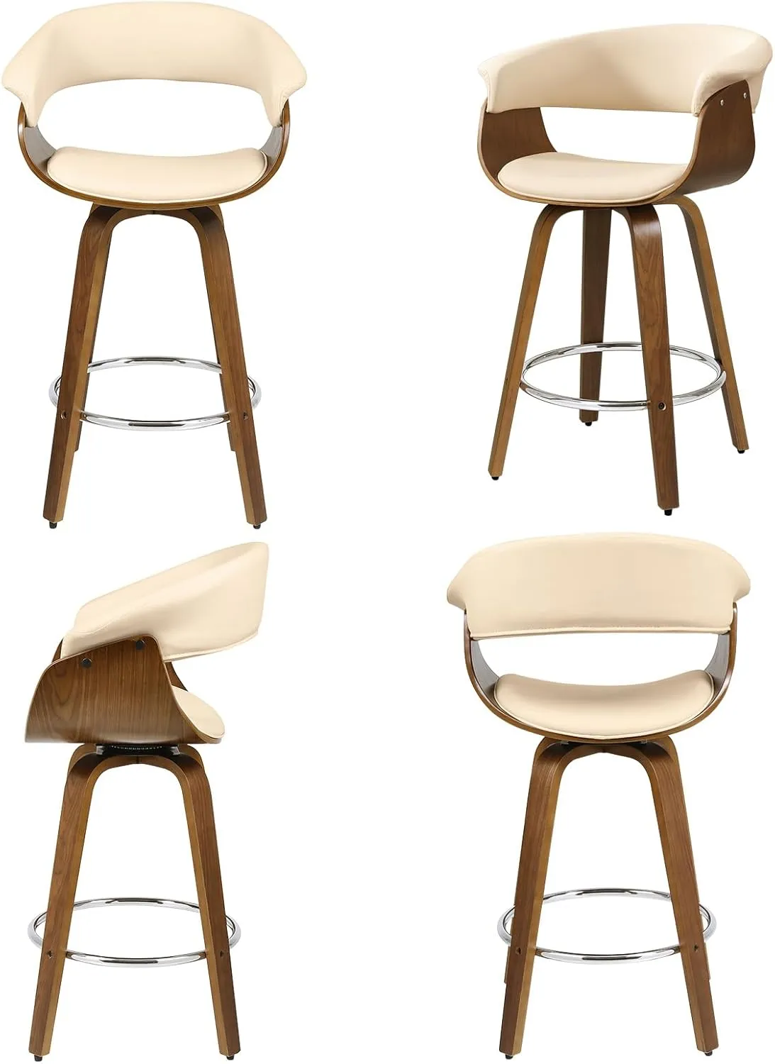 Swivel Bar Stools with Walnut Bentwood Legs, 29 Inch Bar Height, Upholstered PU Leather Barstools with Backs, Mid-Century Modern Kitchen Island Dining Bar Stool Chairs, Cream White
