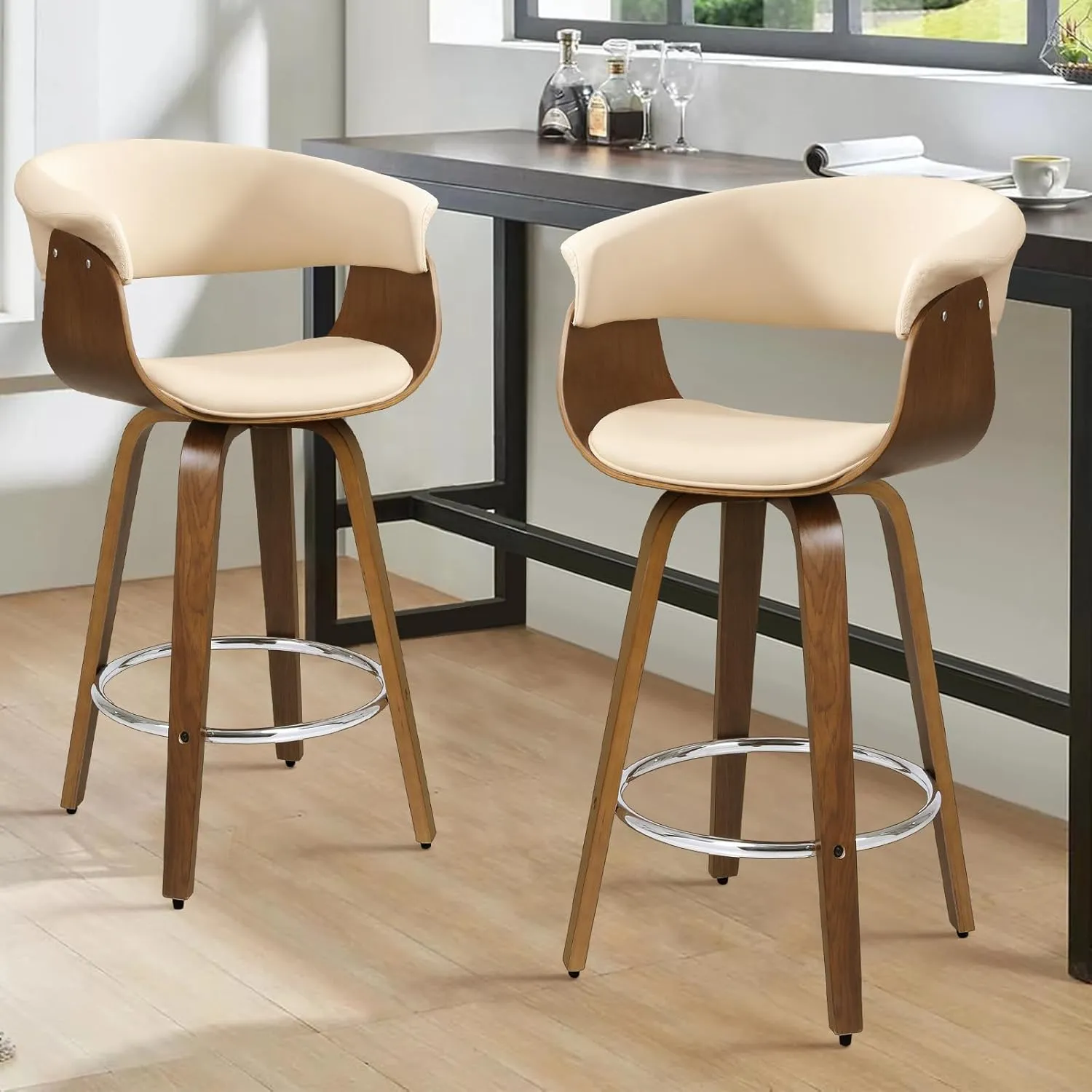 Swivel Bar Stools with Walnut Bentwood Legs, 29 Inch Bar Height, Upholstered PU Leather Barstools with Backs, Mid-Century Modern Kitchen Island Dining Bar Stool Chairs, Cream White