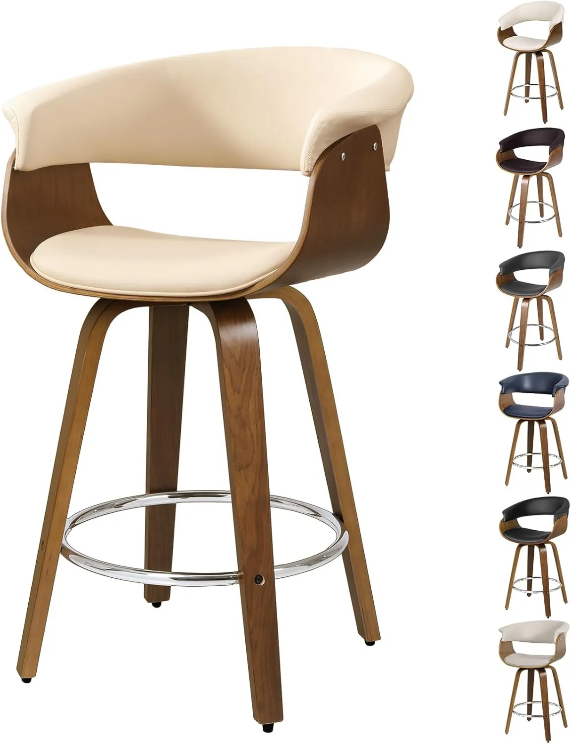 Swivel Bar Stools with Walnut Bentwood Legs, 29 Inch Bar Height, Upholstered PU Leather Barstools with Backs, Mid-Century Modern Kitchen Island Dining Bar Stool Chairs, Cream White