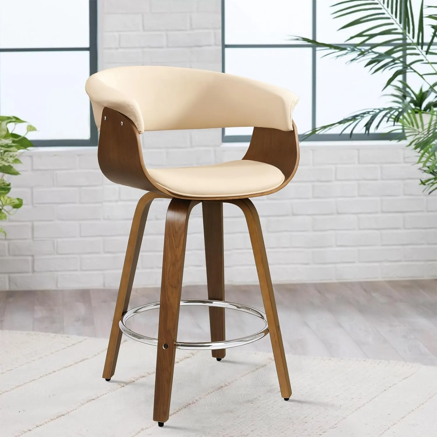 Swivel Bar Stools with Walnut Bentwood Legs, 29 Inch Bar Height, Upholstered PU Leather Barstools with Backs, Mid-Century Modern Kitchen Island Dining Bar Stool Chairs, Cream White