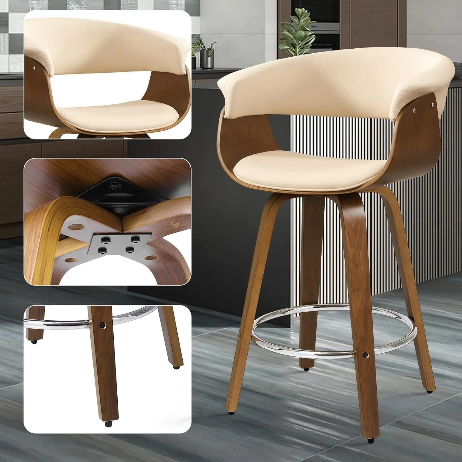 Swivel Bar Stools with Walnut Bentwood Legs, 29 Inch Bar Height, Upholstered PU Leather Barstools with Backs, Mid-Century Modern Kitchen Island Dining Bar Stool Chairs, Cream White