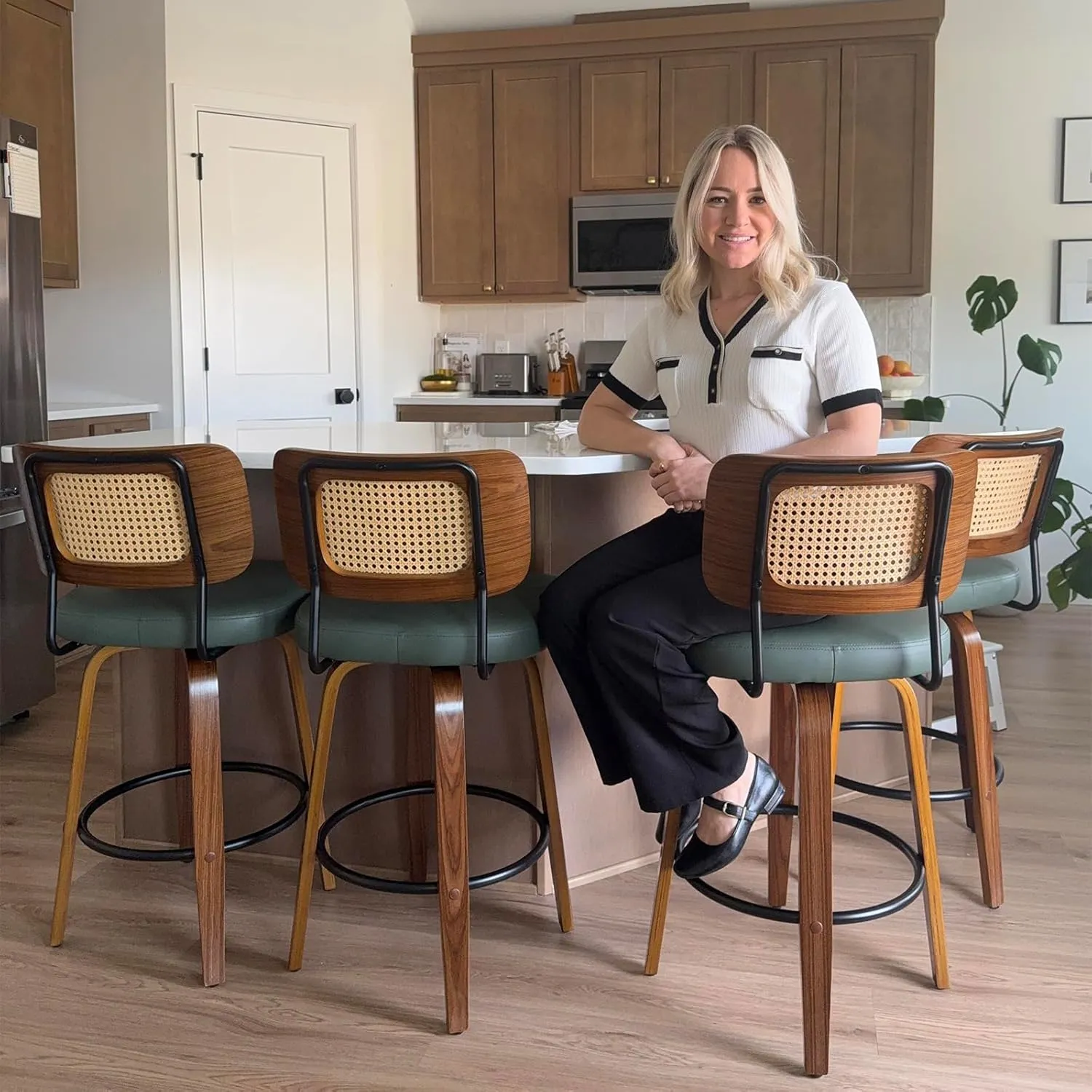 Swivel Counter Height Stools - 26 inch Counter Stools Set of 2 with Curved Rattan Back, Walnut Craftsmanship, Upholstered Seat, Counter Height Bar Stool for Island/Pub/Kitchen (26" Seat Height, Green)