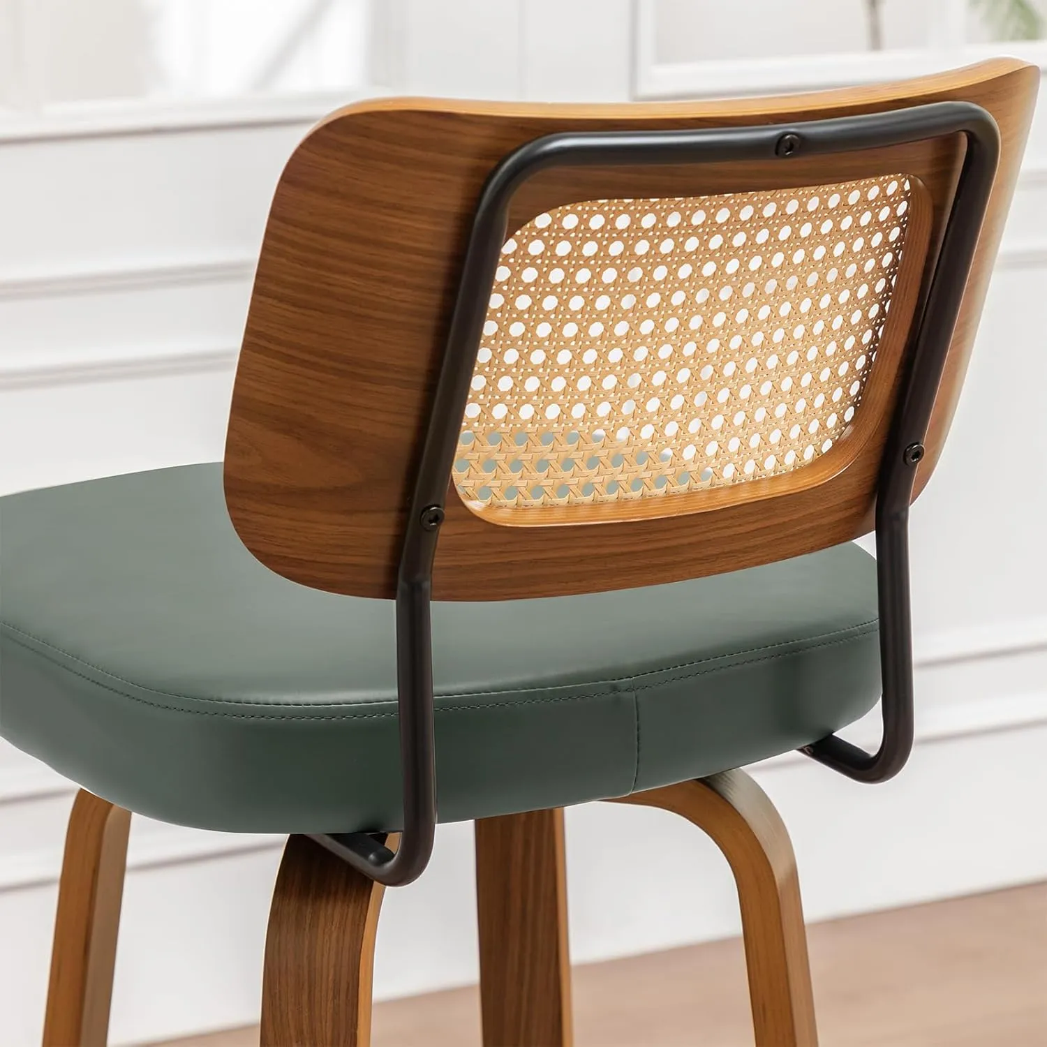Swivel Counter Height Stools - 26 inch Counter Stools Set of 2 with Curved Rattan Back, Walnut Craftsmanship, Upholstered Seat, Counter Height Bar Stool for Island/Pub/Kitchen (26" Seat Height, Green)