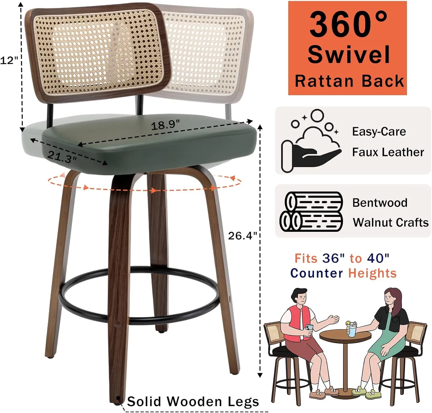 Swivel Counter Height Stools - 26 inch Counter Stools Set of 2 with Curved Rattan Back, Walnut Craftsmanship, Upholstered Seat, Counter Height Bar Stool for Island/Pub/Kitchen (26" Seat Height, Green)